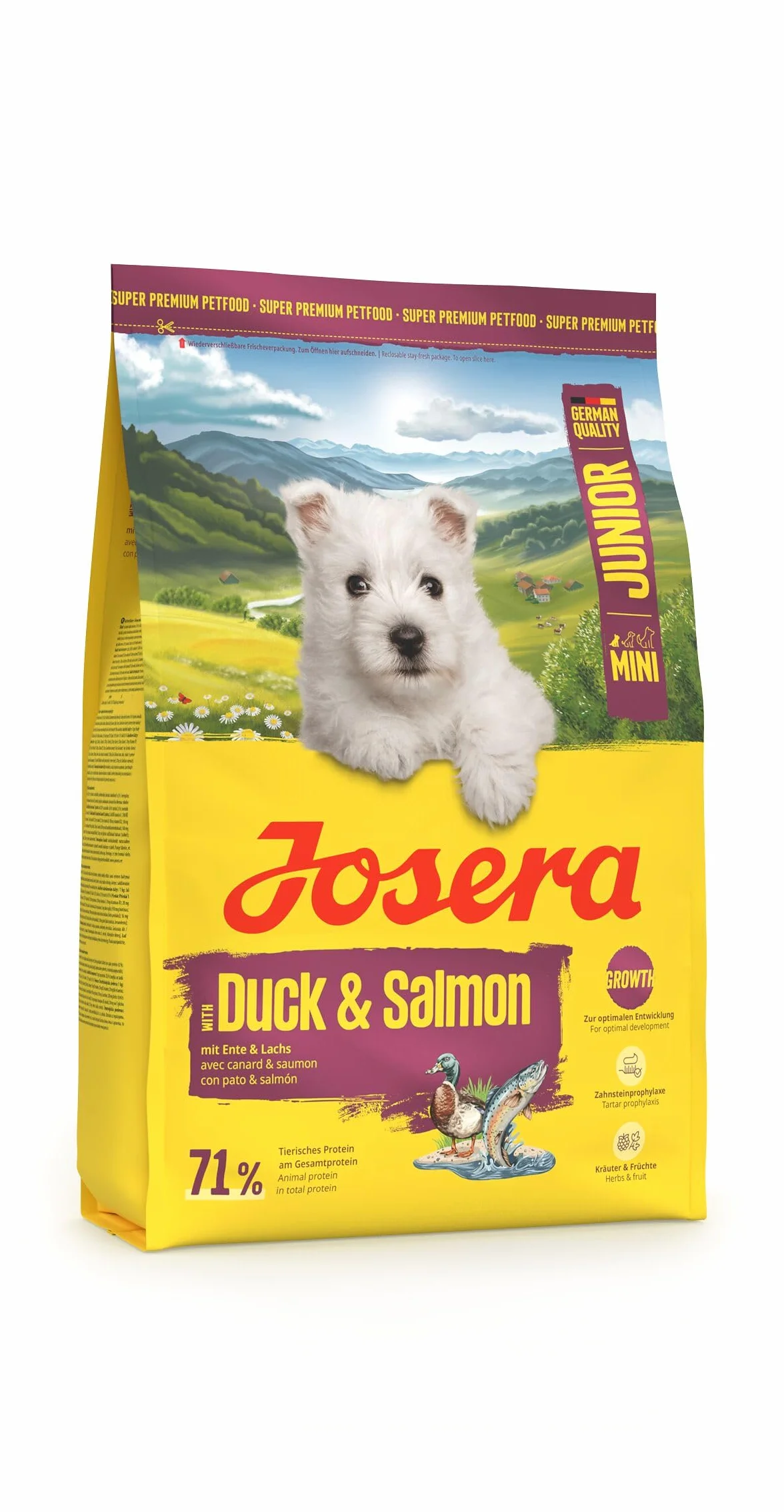 JOSERA Mini Junior kaczka i łosoś (1 x 3 kg) | sucha karma premium dla rosnących psów do 10 kg od 6. tygodnia | karma dla szczeniaków dla optymalnego rozwoju | małe krokiety | bezglutenowa | 1