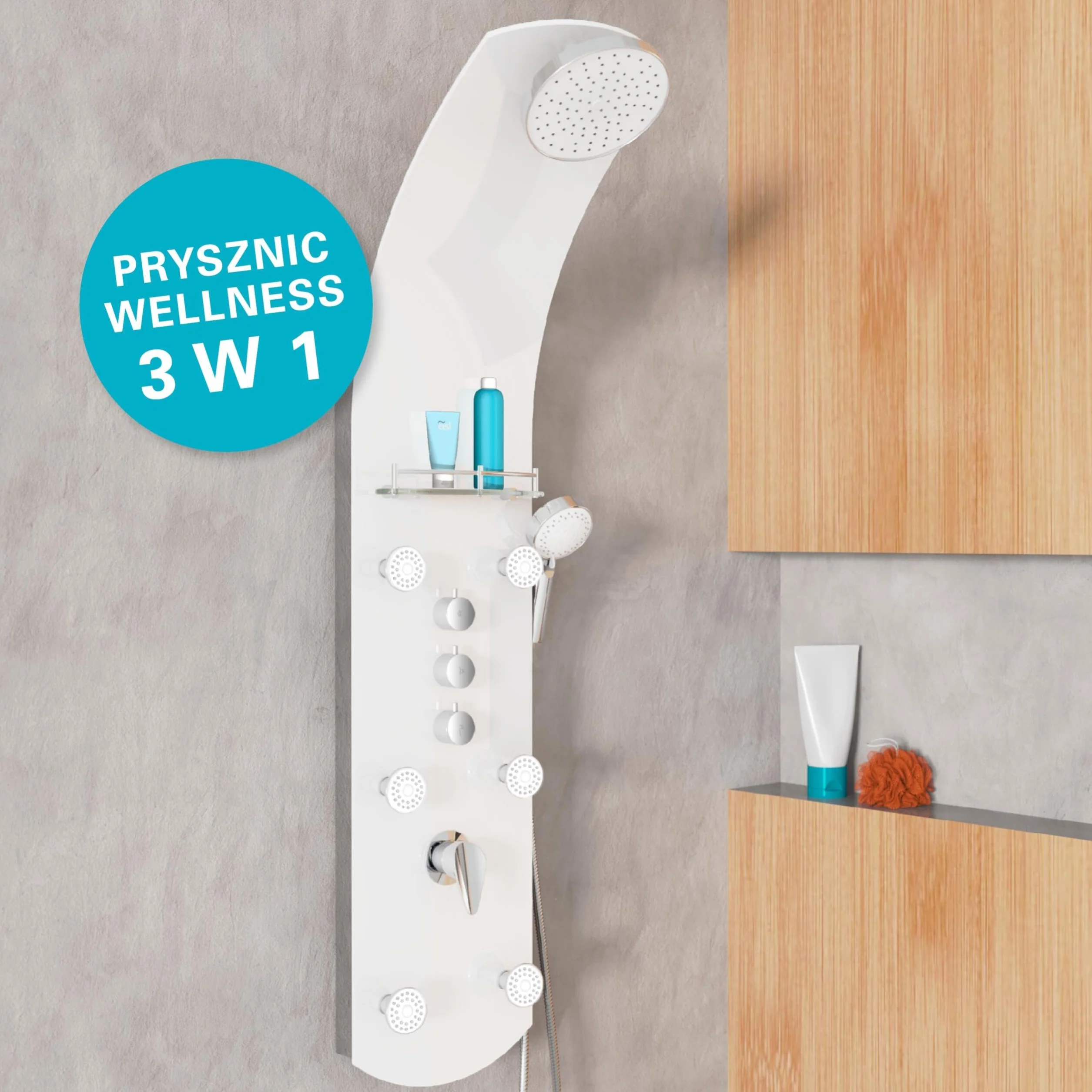 Panel prysznicowy wellness Caribbean Eisl z 6 dyszami, kolorowe szkło bezpieczne, biały ORSP-YMSBW