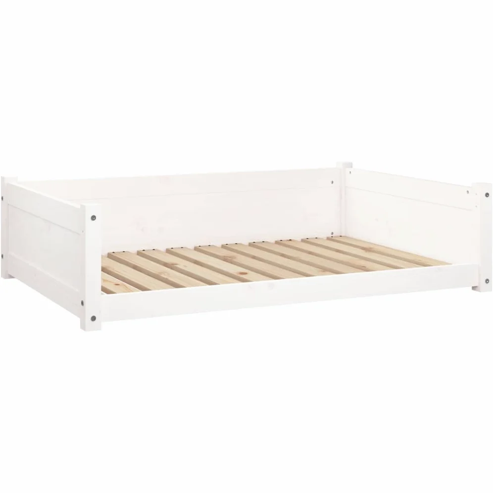 Łóżko dla psa z litego drewna sosnowego białe 105,5x75,5x28 cm z bocznymi ścianami wspierającymi, prosty i ponadczasowy prostokątny design do minimalistycznych przestrzeni, zawiera podręcznik