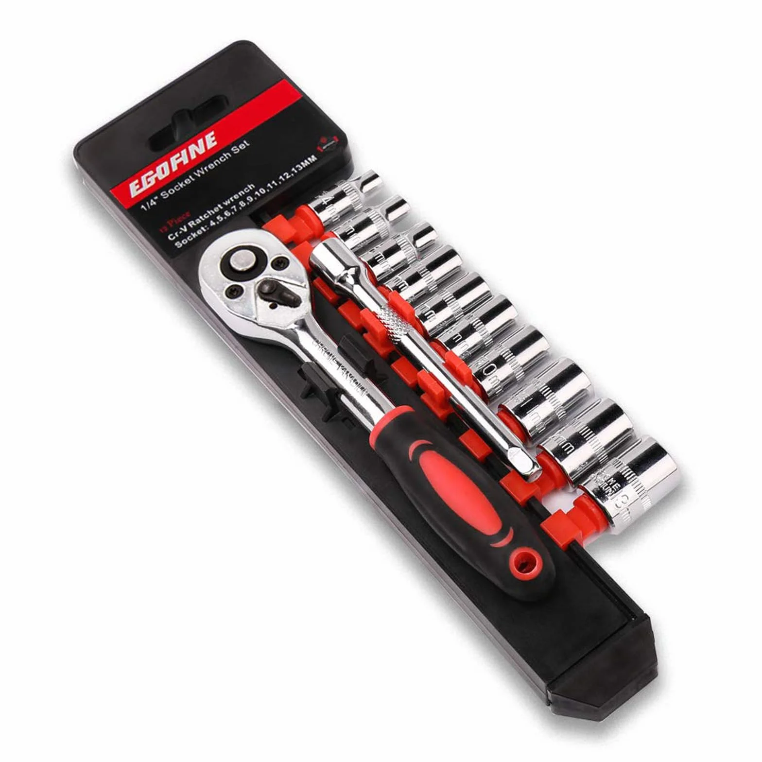 EGOFINE 12 x klucz grzechotkowy 1/4", 10 nasadek 4-13 mm, 2-drożny uchwyt z grzechotką i drążkiem przedłużającym