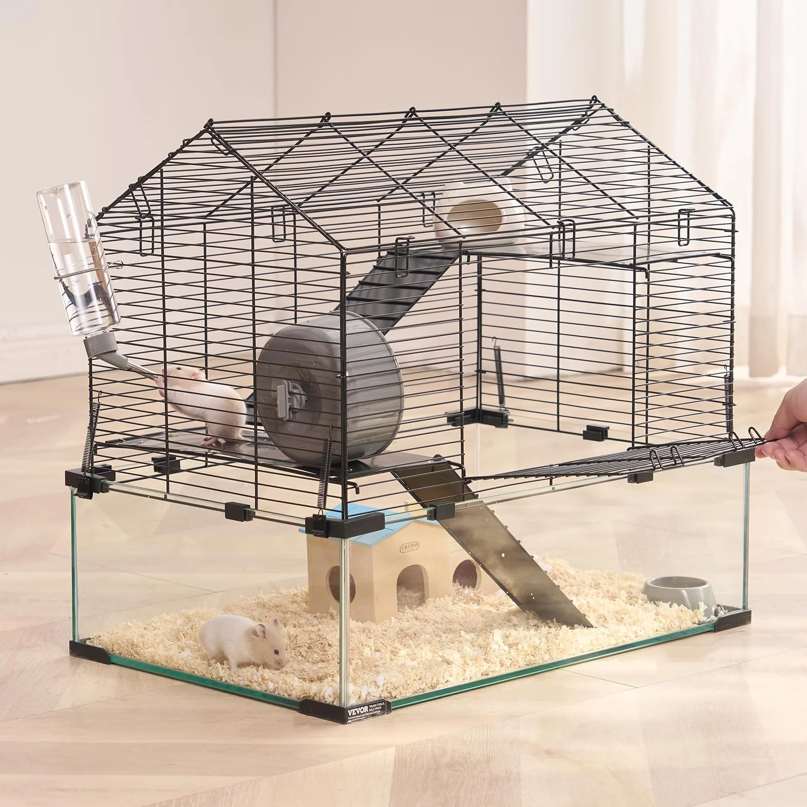 VEVOR Klatka dla chomika, przejrzyste siedlisko chomika do oglądania 360°, klatka dla małych zwierząt, 58 x 38 x 54 cm, wentylowana klatka dla zwierząt domowych z butelką na wodę, przenośny domek dla