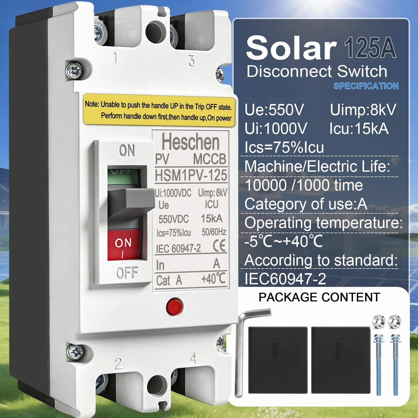 Heschen Wyłącznik DC MCCB, HSM1PV-125, 2-biegunowy, DC550V 63A, wyłącznik fotowoltaiczny, do instalacji solarnych PV modułów solarnych system sieciowy