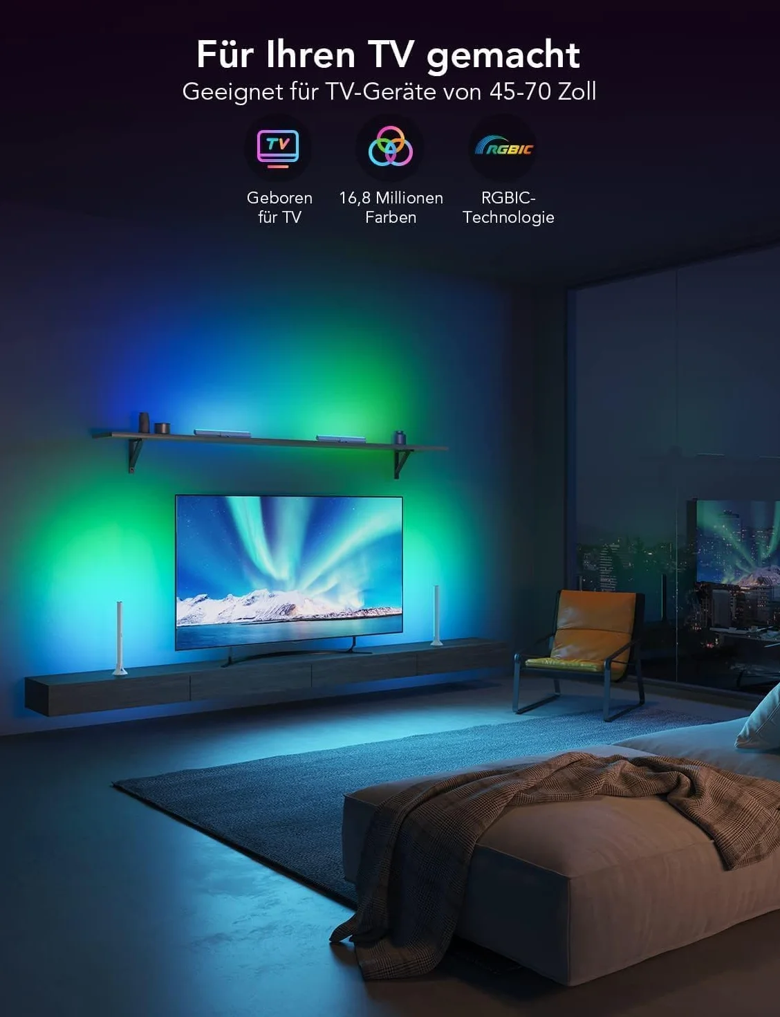 Govee Oświetlenie LED RGBIC, podświetlenie telewizora WiFi dla 45-70 cali z podwójnymi koralikami świetlnymi, 3 opcje rozmieszczenia, współpracuje z Alexa i Google Assistant, ściemnianie białe, do