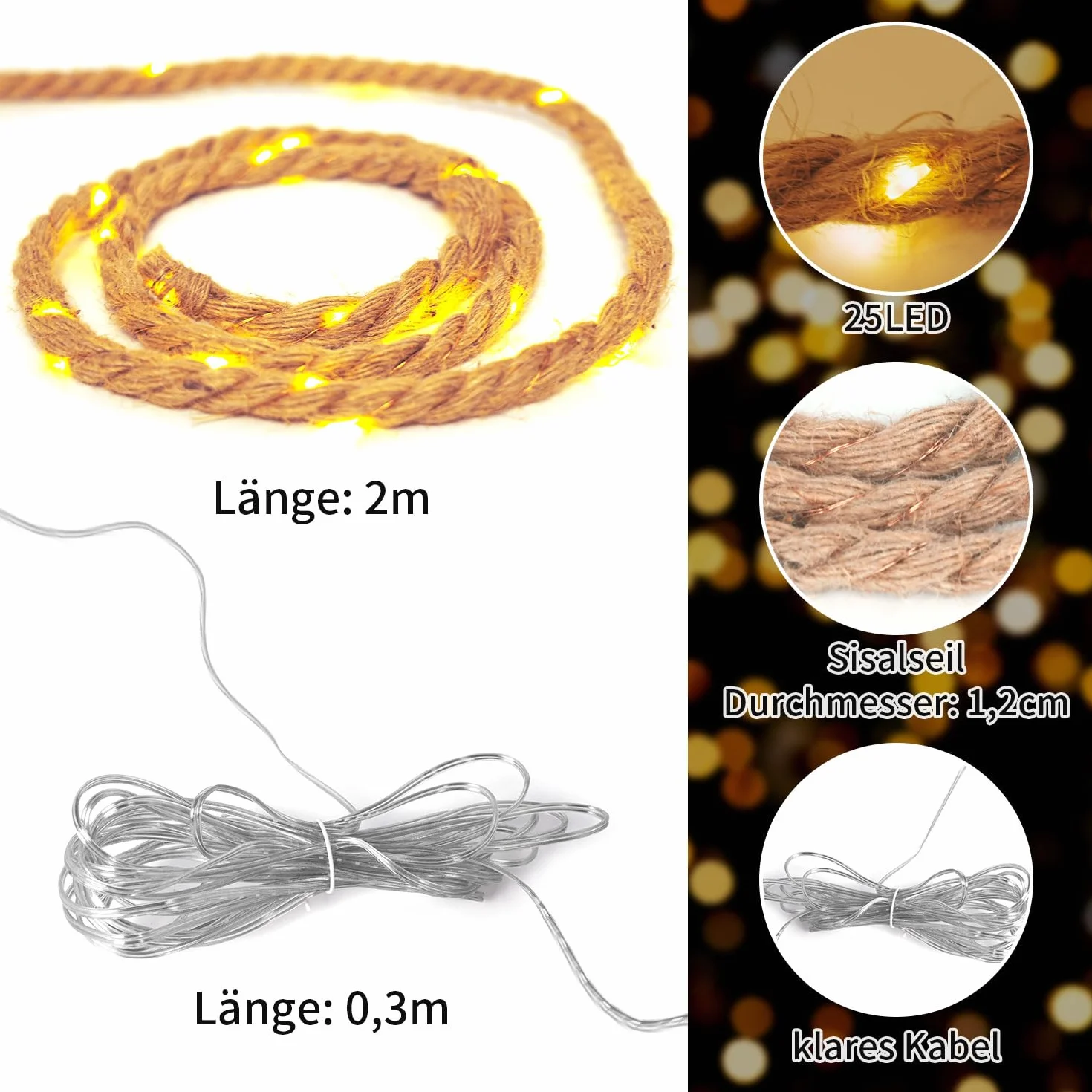 Gresonic Łańcuch świetlny LED, 25 diod LED, długość 2 m, na baterie, timer, lina bawełniana, naturalna linka jutowa, ciepła biel, barwa światła, dekoracja ogrodowa, oświetlenie wewnętrzne, dekoracja