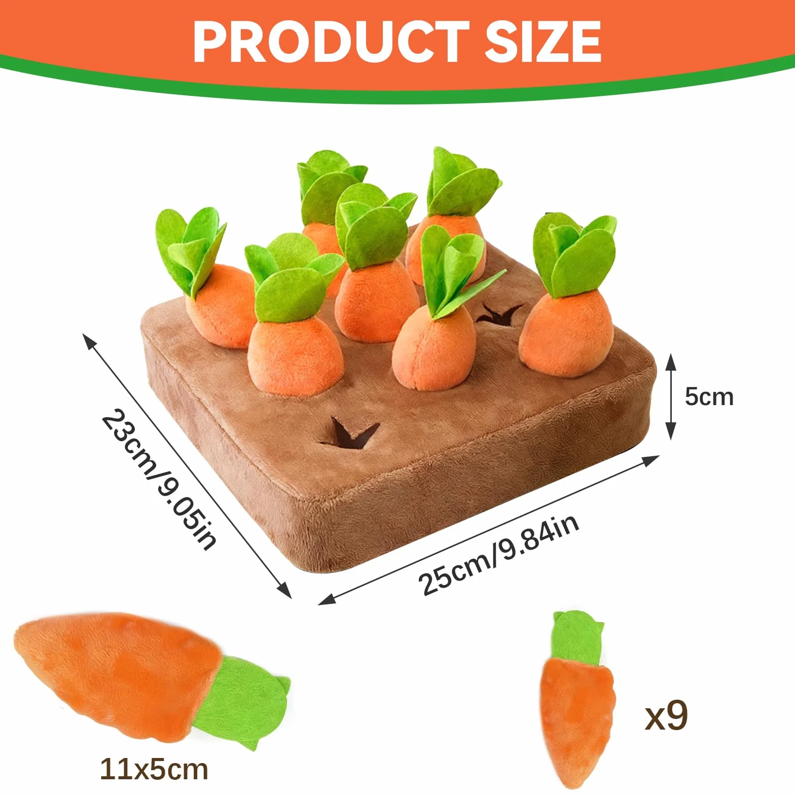 Carrot Dog Play, mata zapachowa dla psa z 9 marchewkami, pluszowa zabawka zapachowa dla psów, do zabawy i stymulacji umysłowej psa, dla małych, średnich i dużych psów