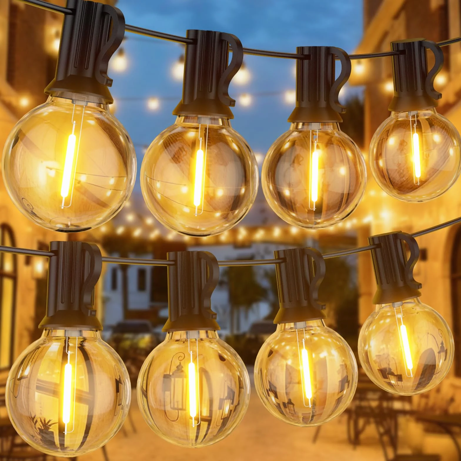 Łańcuch świetlny LED do użytku na zewnątrz, 30 m, prąd zewnętrzny, 50 + 2 szt. ciepła biel, plastikowa żarówka G40, klasa wodoszczelności IP45, do użytku wewnątrz i na zewnątrz, do ogrodu, na
