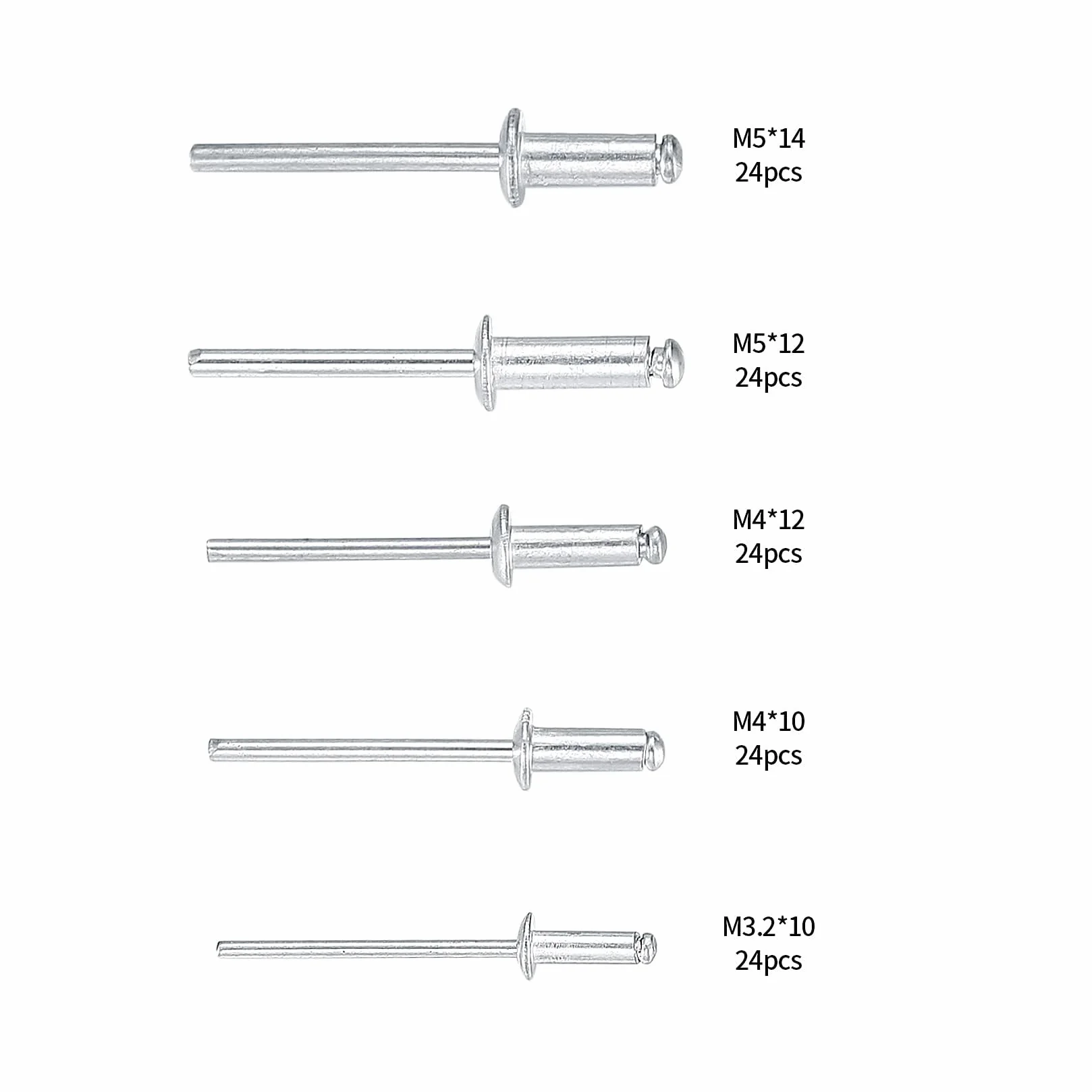 120 sztuk aluminiowych nitów niewidomych, zestaw nitów Pop, nity aluminiowe do zacisków ślepych - M3,2 x 10 mm/M4 x 10 mm/M4*12mm/M4,8 x 12 mm/M4,8 x 14 mm