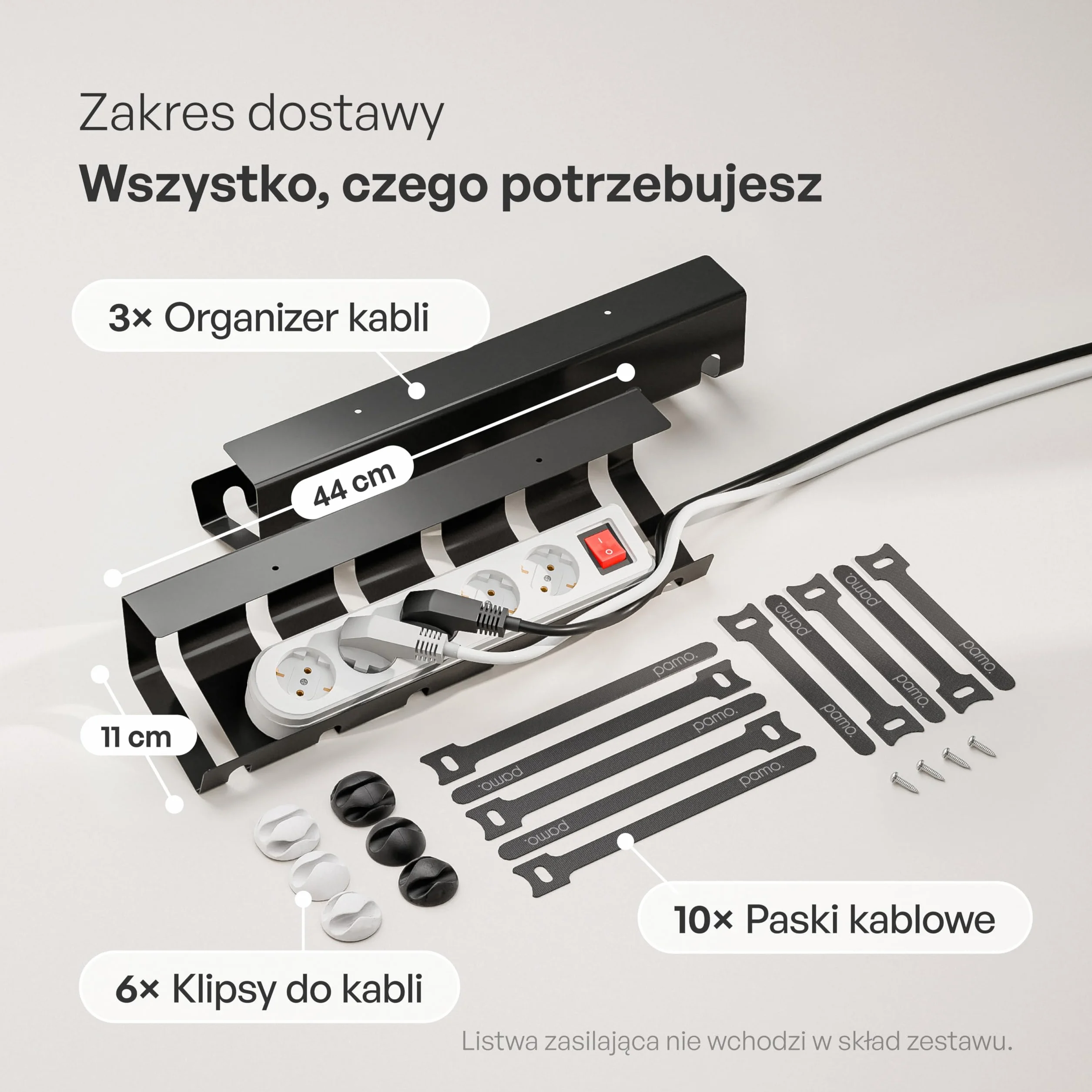 PAMO kanał kablowy na biurko czarny 2 sztuk – 10 opasek kablowych na rzepy i opaski kablowe – montaż śrubami – organizer na biurko do biura i biura domowego