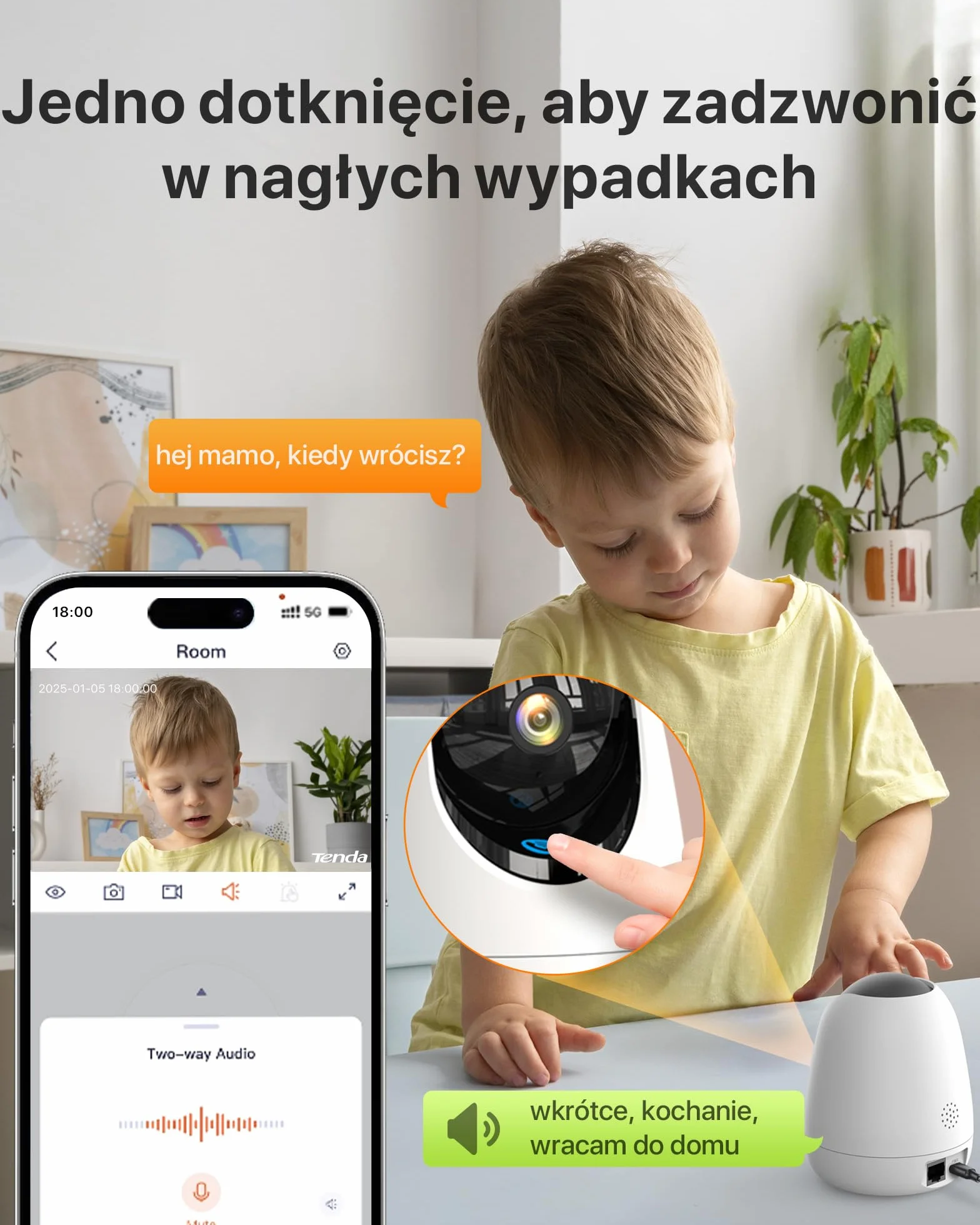 Tenda Kamera do monitoringu wewnętrznego CP7 V2.0, 360 stopni, Wi-Fi IP, 2-drożne audio, 5 MP, widoczność w nocy, alarm dźwiękowy i świetlny, śledzenie ruchu, kamera dla zwierząt domowych, kamera dla