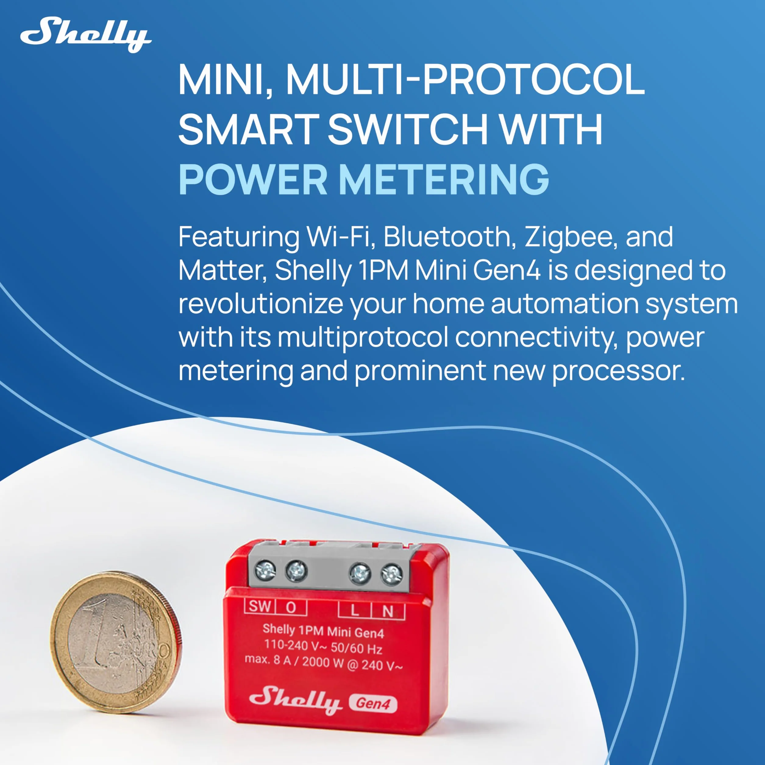 Shelly 1PM Mini Gen4 - Inteligentny przełącznik przekaźnikowy z Bluetooth i Zigbee, 1 kanał, 8 A, pomiar mocy, automatyka domowa, zdalne sterowanie, bez koncentratora, Alexa i Google
