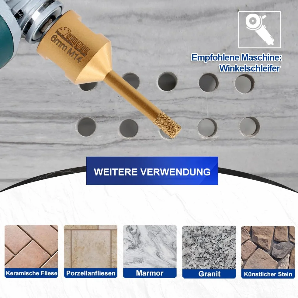 SHDIATOOL Diamentowa koronka wiertnicza 6 mm wysokość diamentu 10 mm do porcelany granitu marmuru wiercenia na sucho