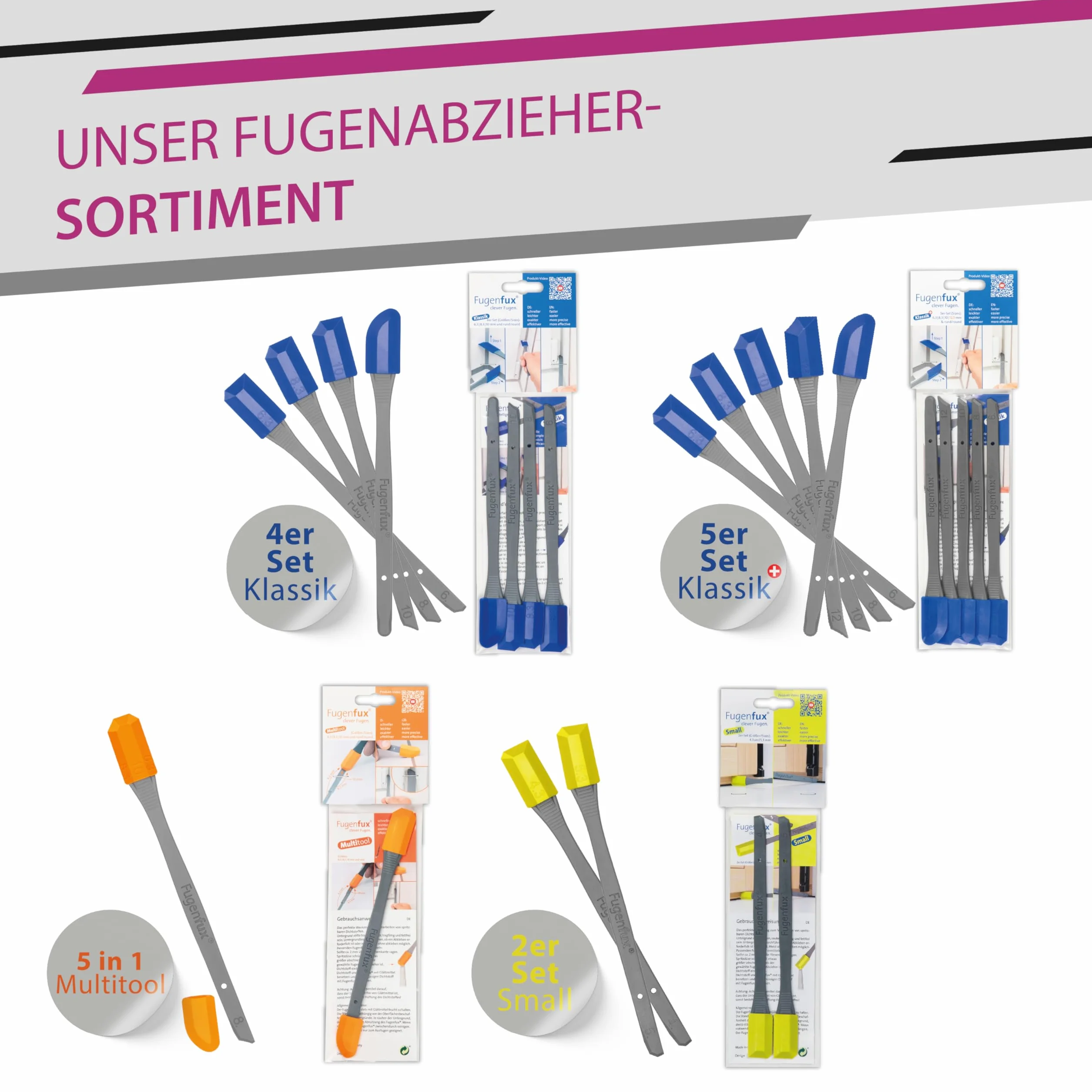 FUGENFUX® DIAGO 4-częściowy zestaw – wygładzanie fug | ściągacz do bardzo wąskich miejsc | 4 specjalne głowice do fug ukośnych i równoległych | Made in Germany | idealne do silikonu, akrylu i wielu