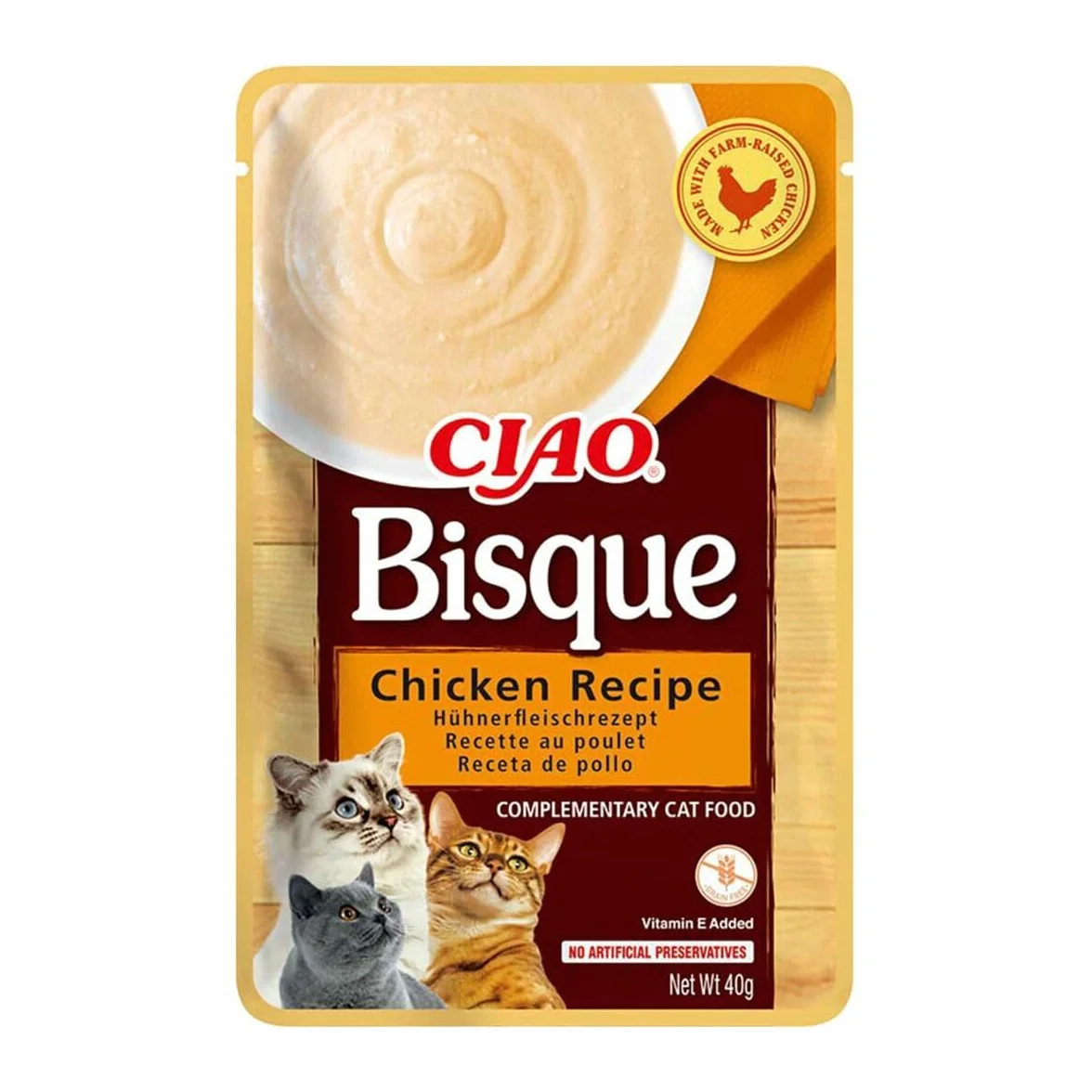 INABA Churu Bisque - Puree dla kotów - Przekąski Przepis Kurczak - Zdrowe Kremowe Nagrody - Bez Zbóż, Konserwanty, Barwniki - Tylko 16 kalorii - 40g