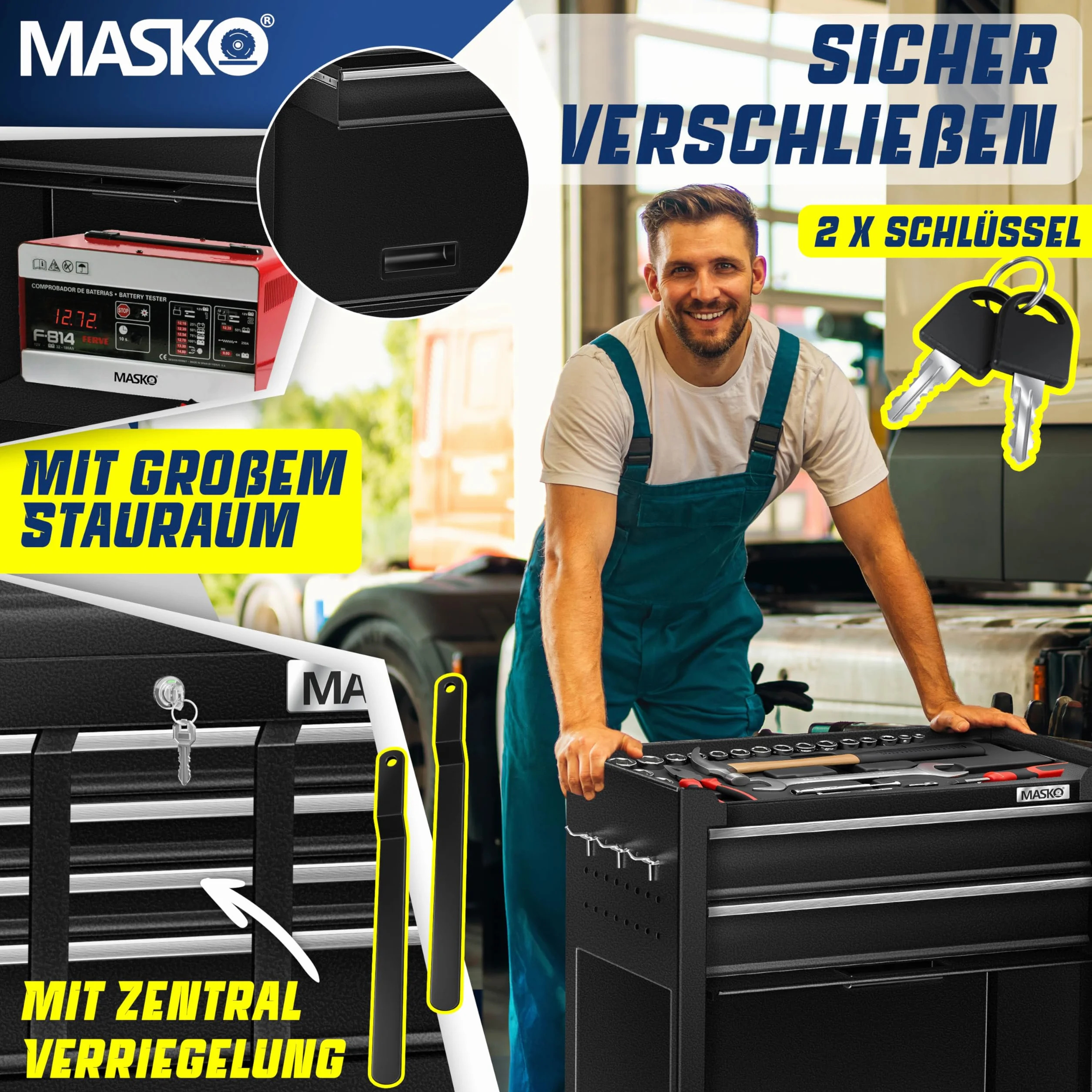 MASKO Wózek warsztatowy z walizką 9 przegródek zamykany metal czarny