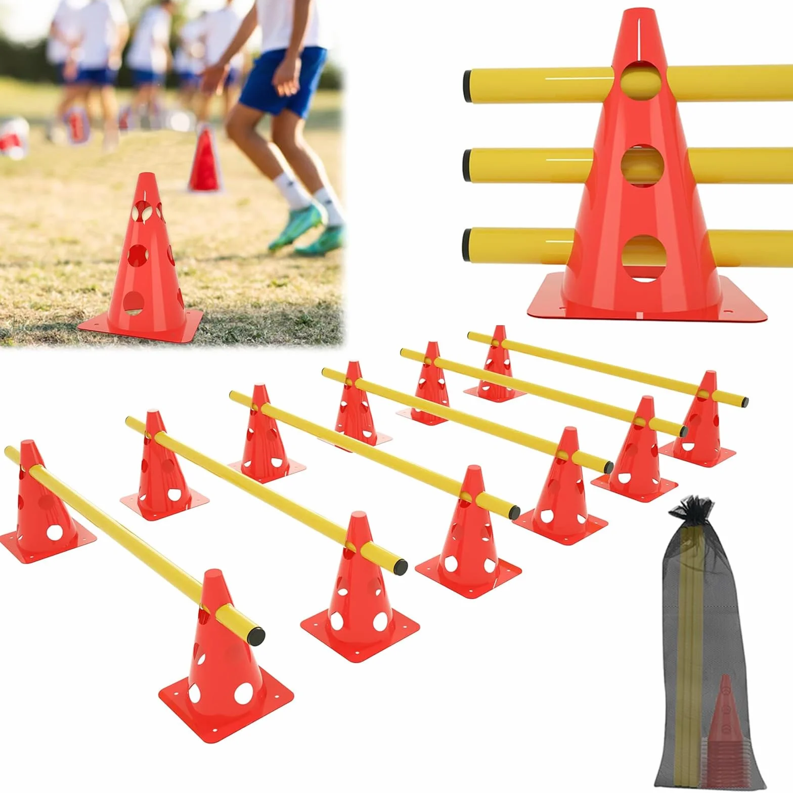 ACXIN Zestaw 6 płotków sportowych, 12 stożków + 6 drążków, zestaw przeszkód do wbijania, trening koordynacyjny dla dzieci, psów, sporty zespołowe, piłka nożna, stożek wielofunkcyjny, wysokość: 32 cm