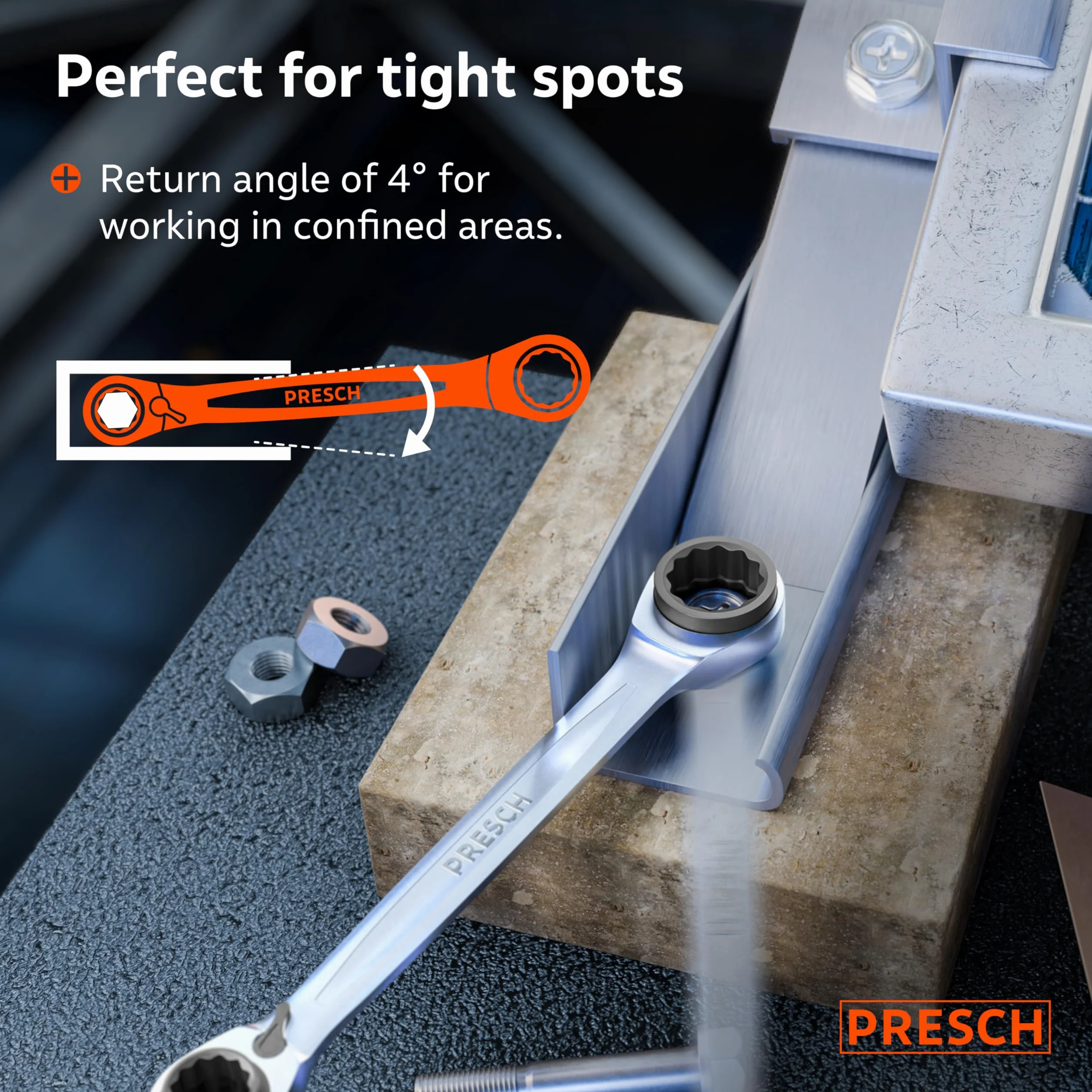 Presch Podwójny klucz grzechotkowy 4 w 1 (9/11 mm i 14/15 mm) – Przełączalna funkcja grzechotki – Precyzyjnie wykonane, 90 zębów i kąt powrotu 4° – 4 rozmiary w jednym kluczu