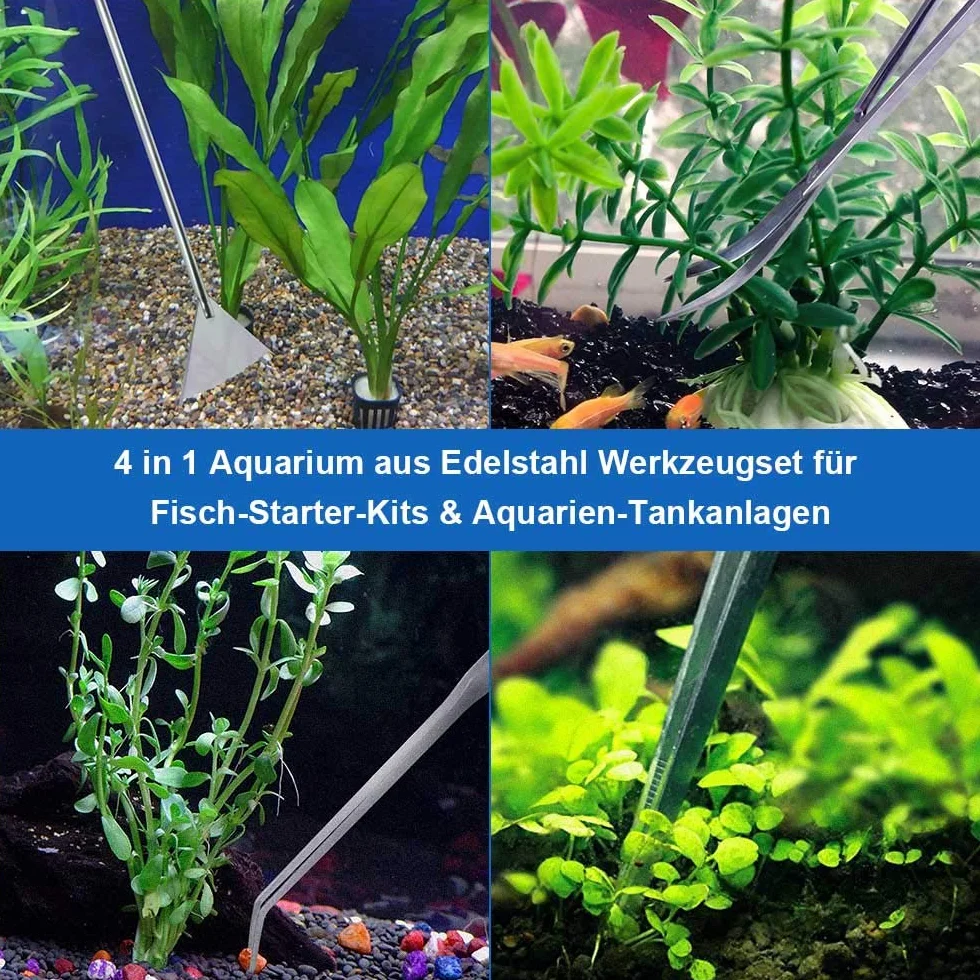 SlowTon Aquascape Zestaw narzędzi do akwarium ze stali nierdzewnej 4 w 1, długa pęseta, nożyczki, szpatułka, wielofunkcyjne, dla początkujących, do czyszczenia żwiru i roślin