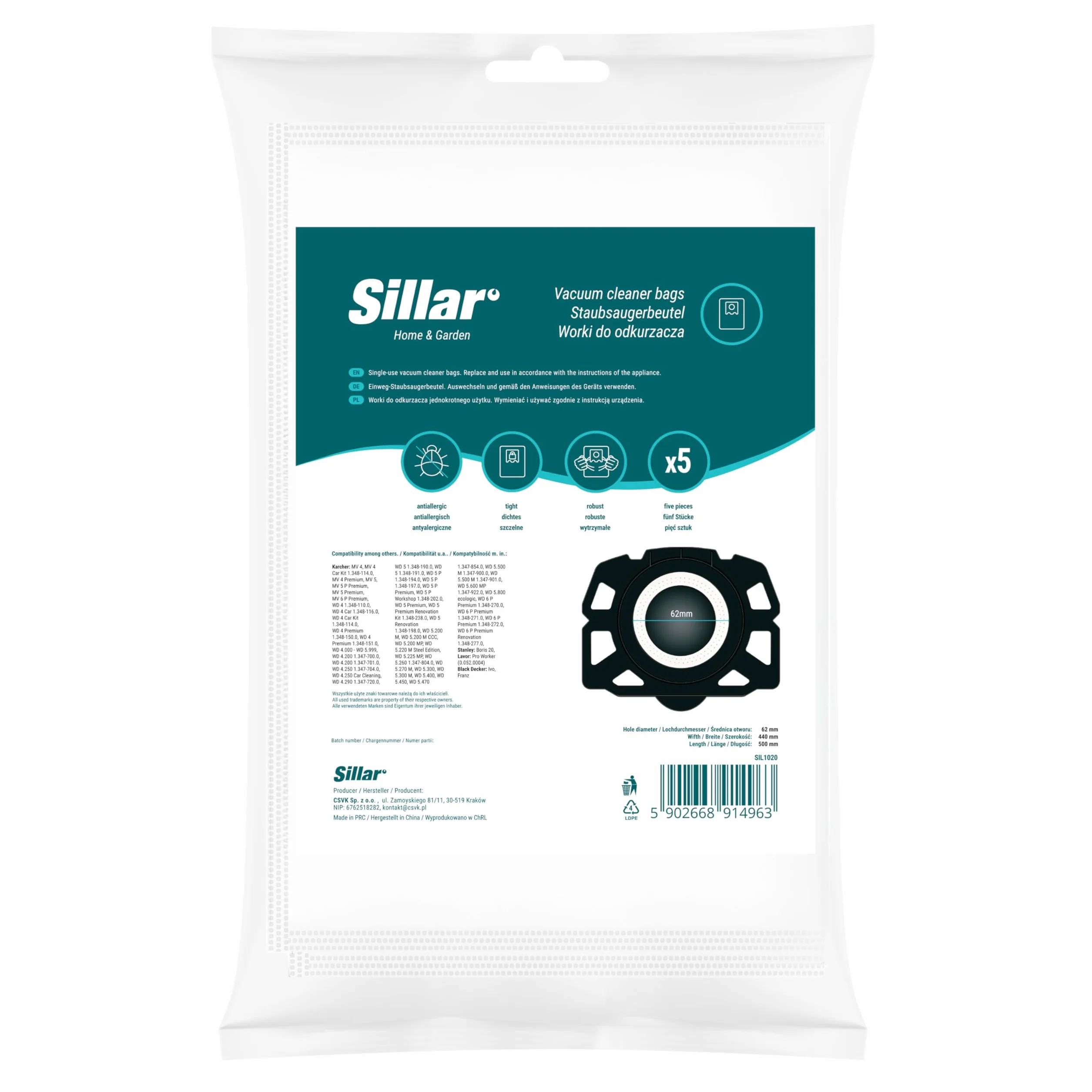 Sillar Worki do odkurzacza Kärcher WD4 WD5 WD6 WD5P WD6P MV4 MV5 MV6 KFI 487 z włókniny