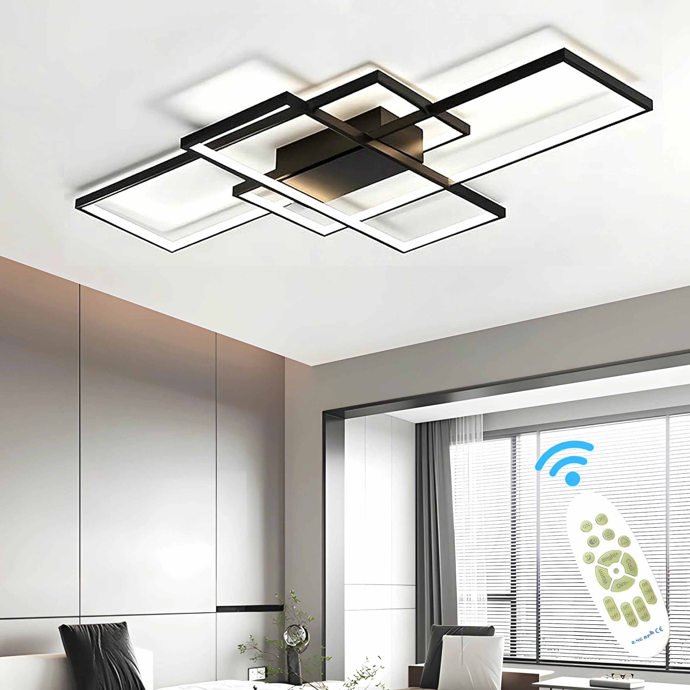 ASJK Lampa sufitowa Czarna 105W Nowoczesna lampa do salonu z pilotem, 3000k-6000k Geometryczne wielofunkcyjne oświetlenie sufitowe do salonu (140cm, czarny)