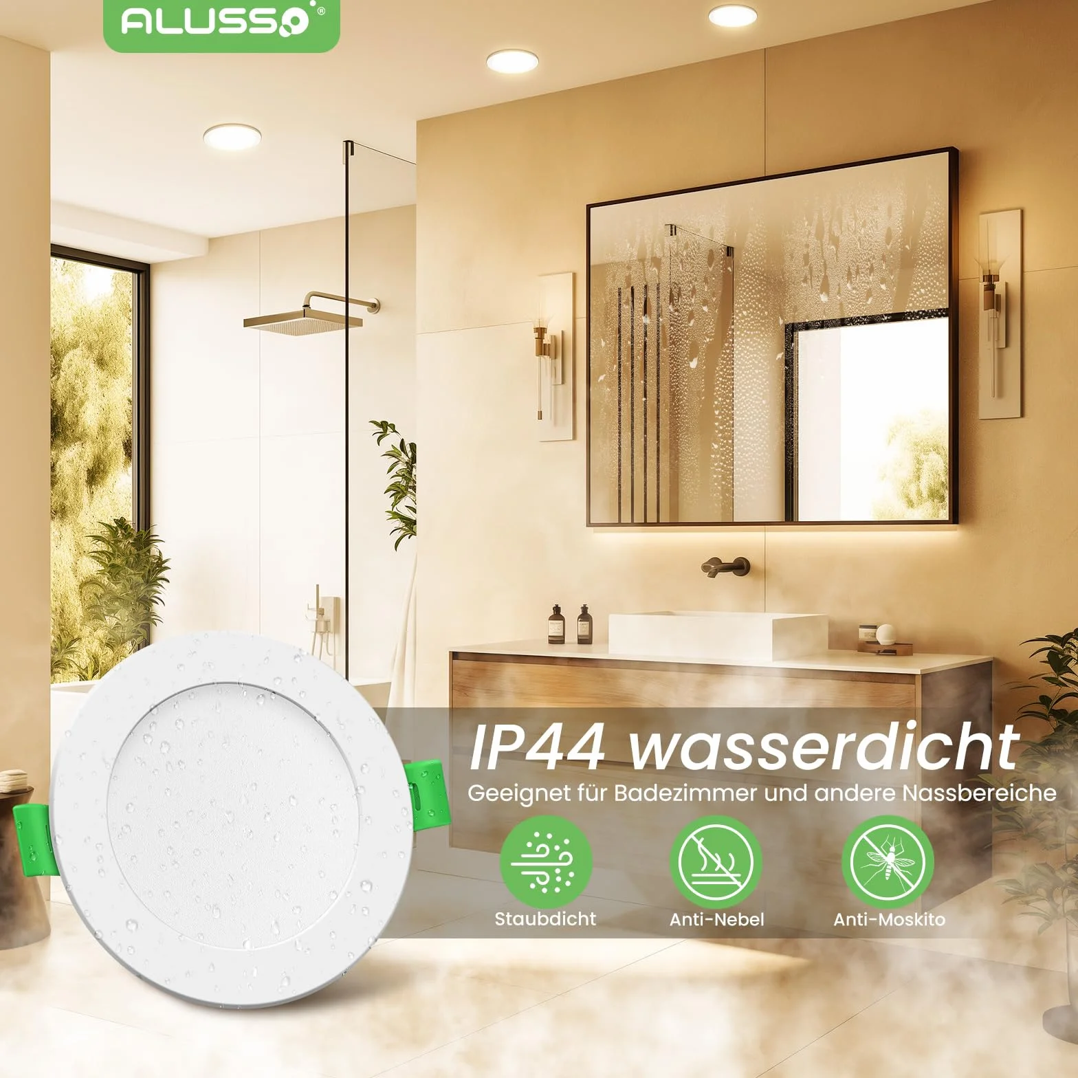 ALUSSO 6 sztuk bardzo płaskich, wpuszczanych reflektorów LED, 10 W, 230 V, 700 lm, ciepła biel, 3000 K, głębokość montażu 30 mm, IP44, do łazienki, salonu, kuchni