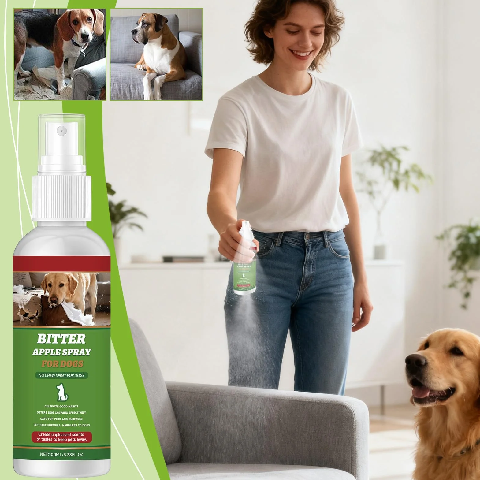 Spray do ?ucia dla psów, naturalny sk?adnik, 100 ml, naturalny korektor zachowania , spray ochronny do mebli, trwa?y, do wewn?trz, zewn?trz, dywan