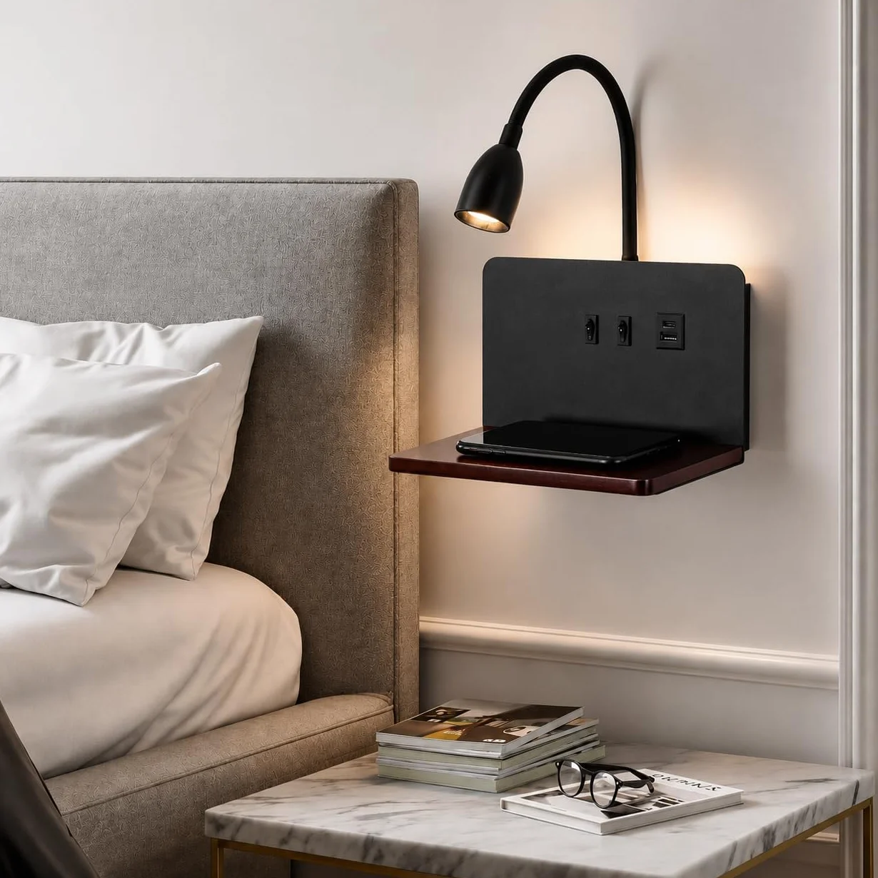 lampa ścienna LED do wnętrz z wtyczką, lampa ścienna do sypialni z portami USB i bezprzewodową ładowarką, regulowana i elastyczna lampa do czytania z gęsią szyją, lampka nocna 3000 K z podświetleniem