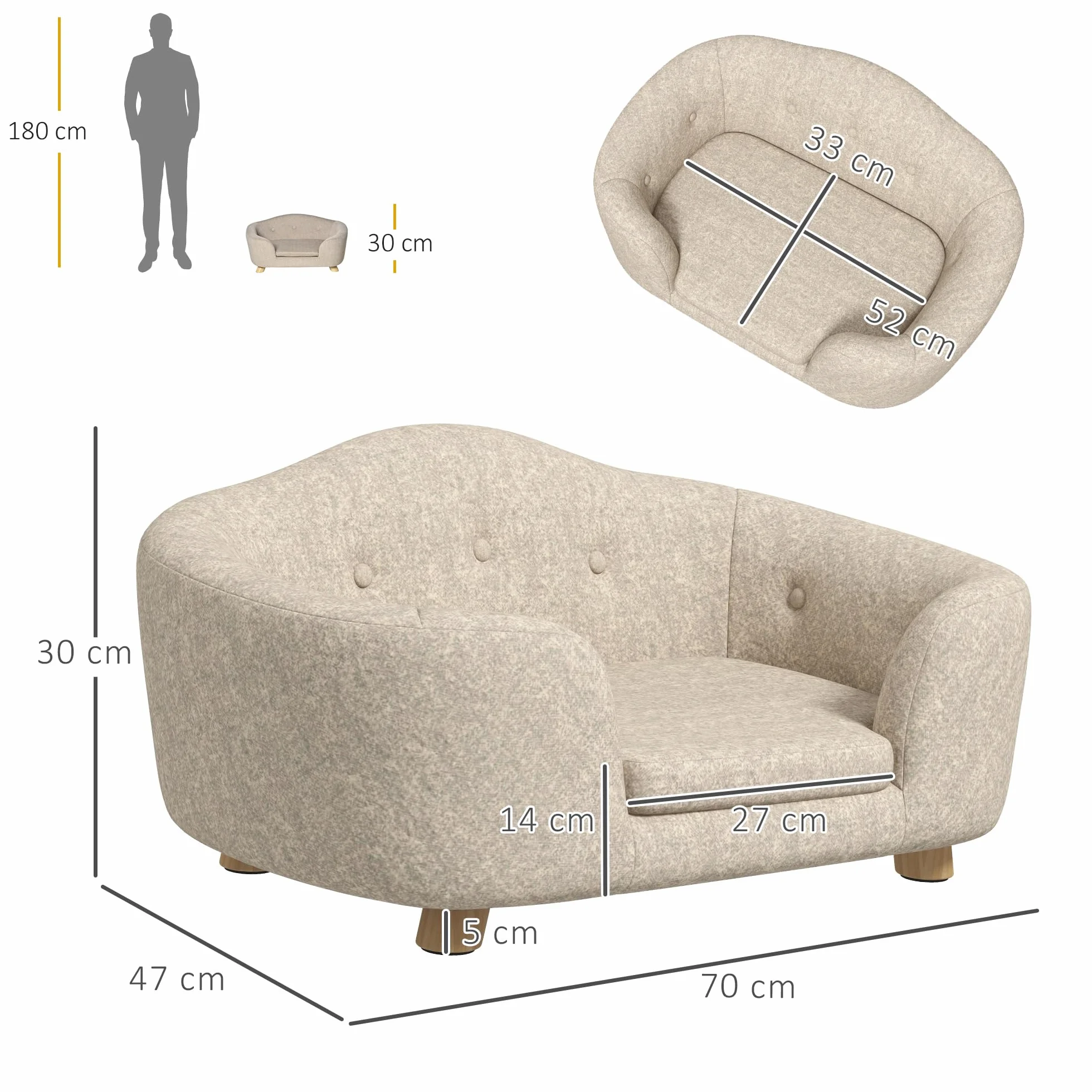 PawHut Sofa dla psa legowisko kanapa z poduszką plusz pianka drewno sosnowe beżowy jasnoszary 70x47x30 cm