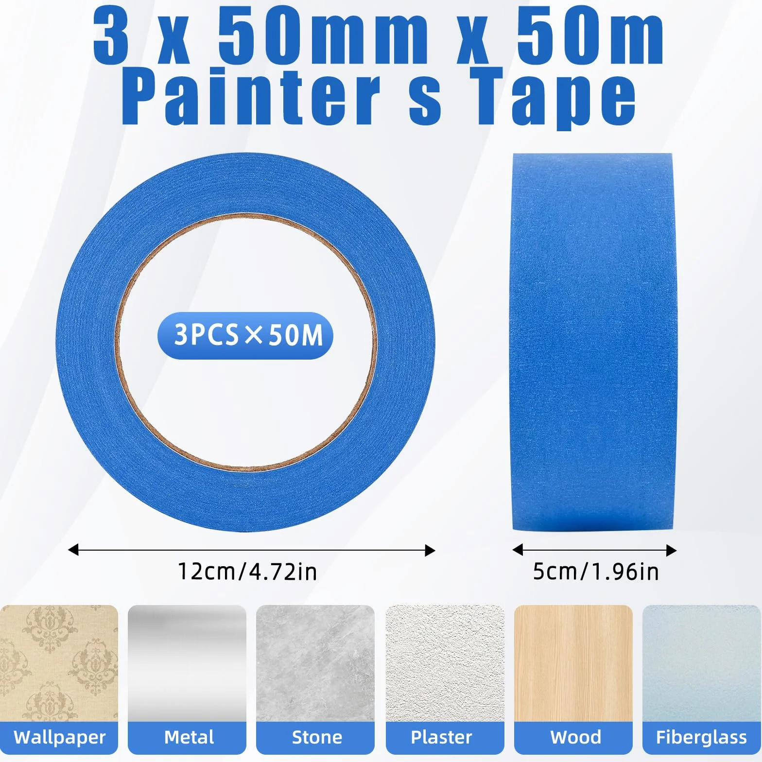 3 rolki taśmy malarskiej 50 mm x 50 m taśma malarska do czystych krawędzi farby odporna na promieniowanie UV odporna na wysokie temperatury do malowania, lakierowania, renowacji
