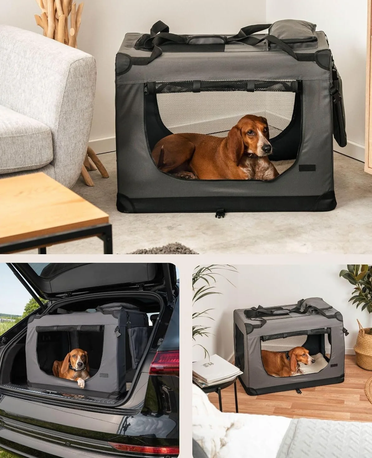 lionto Składany transporter dla psa do podróży i samochodu, 82x58x58 cm, wytrzymały transporter z uchwytami i kocem dla kota i psa do 18 kg, mocna torba z tkaniny, szary