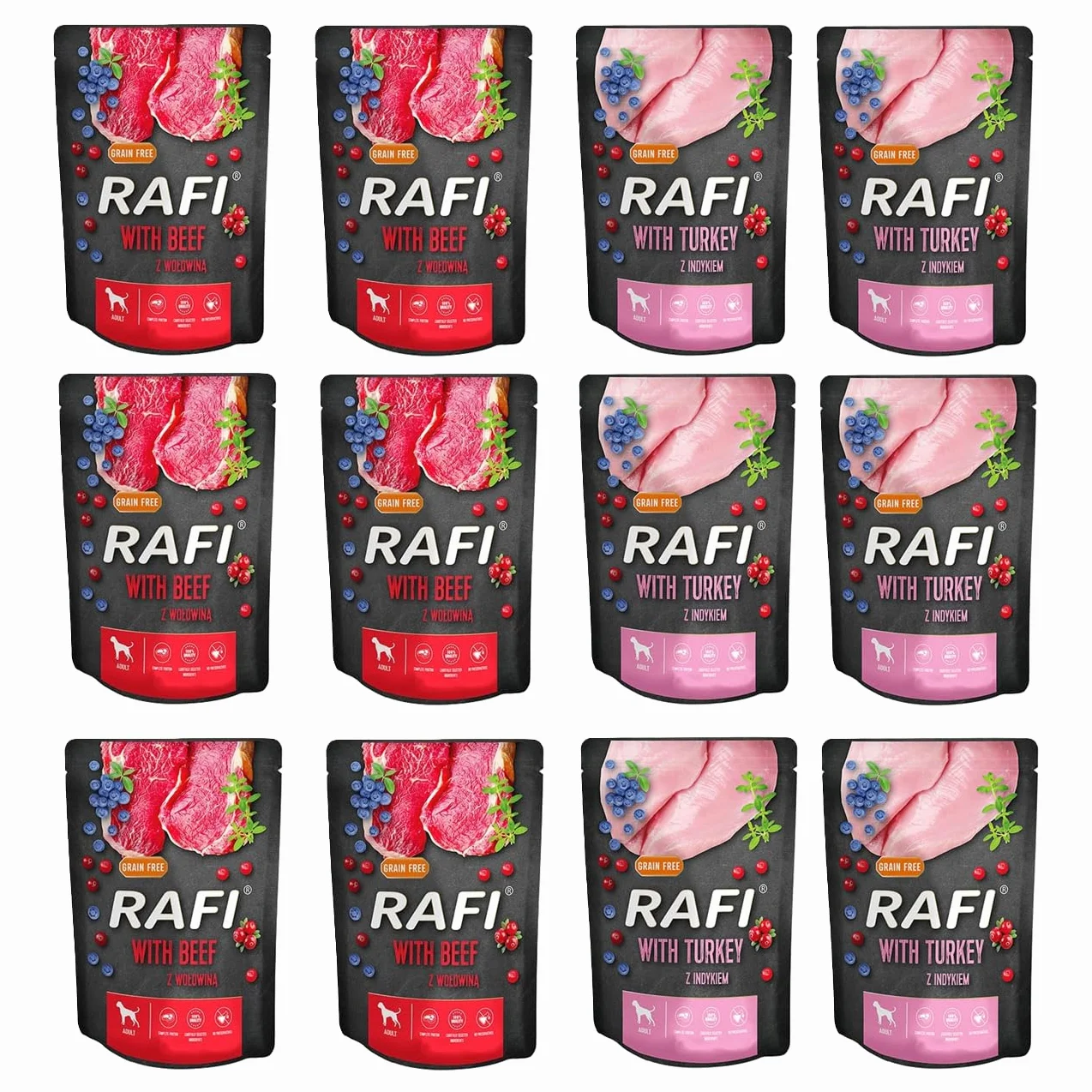 Rafi mix smaków wołowina, borówka, żurawina i indyk, borówka, żurawina mokra karma dla psa w saszetkach 12x300g