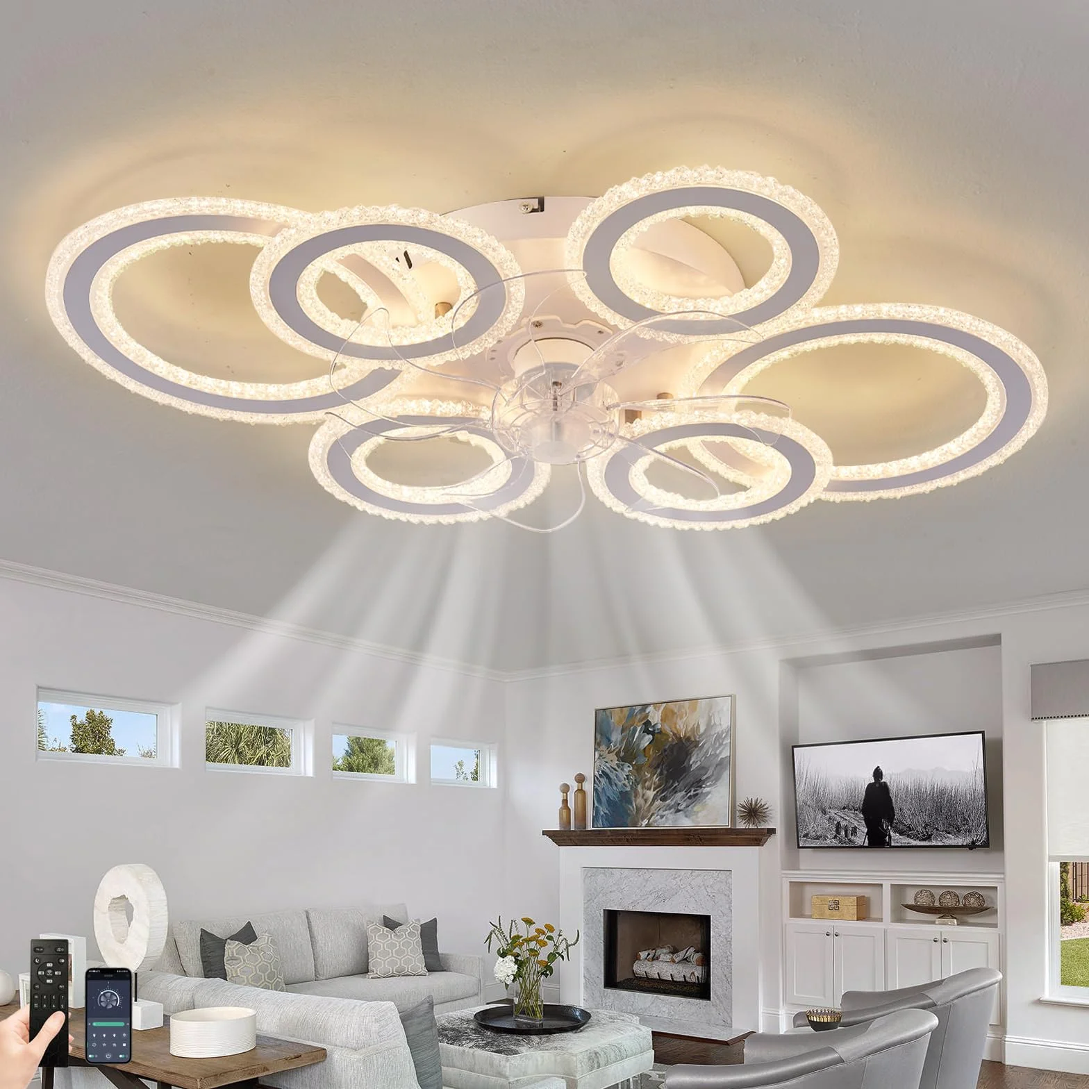 Duża Lampa Sufitowa O Przekątnej 29,9in Z Wentylatorem LED I Funkcją Przyciemniania Pamięci Wentylator Sufitowy Oświetleniem I Pilotem Cichy 6-biegowy Odwracalny Zegar Funkcją Wyciszenia-White