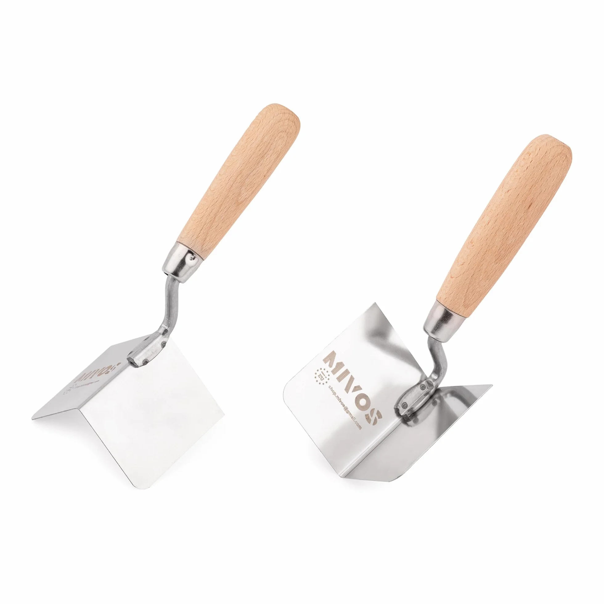 Mivos 2 x kielnia narożny ze stali nierdzewnej 80 x 60 mm – kielnia wewnętrzna i zewnętrzna – do wewnątrz i na zewnątrz z drewnianym uchwytem – szpachelka Made in