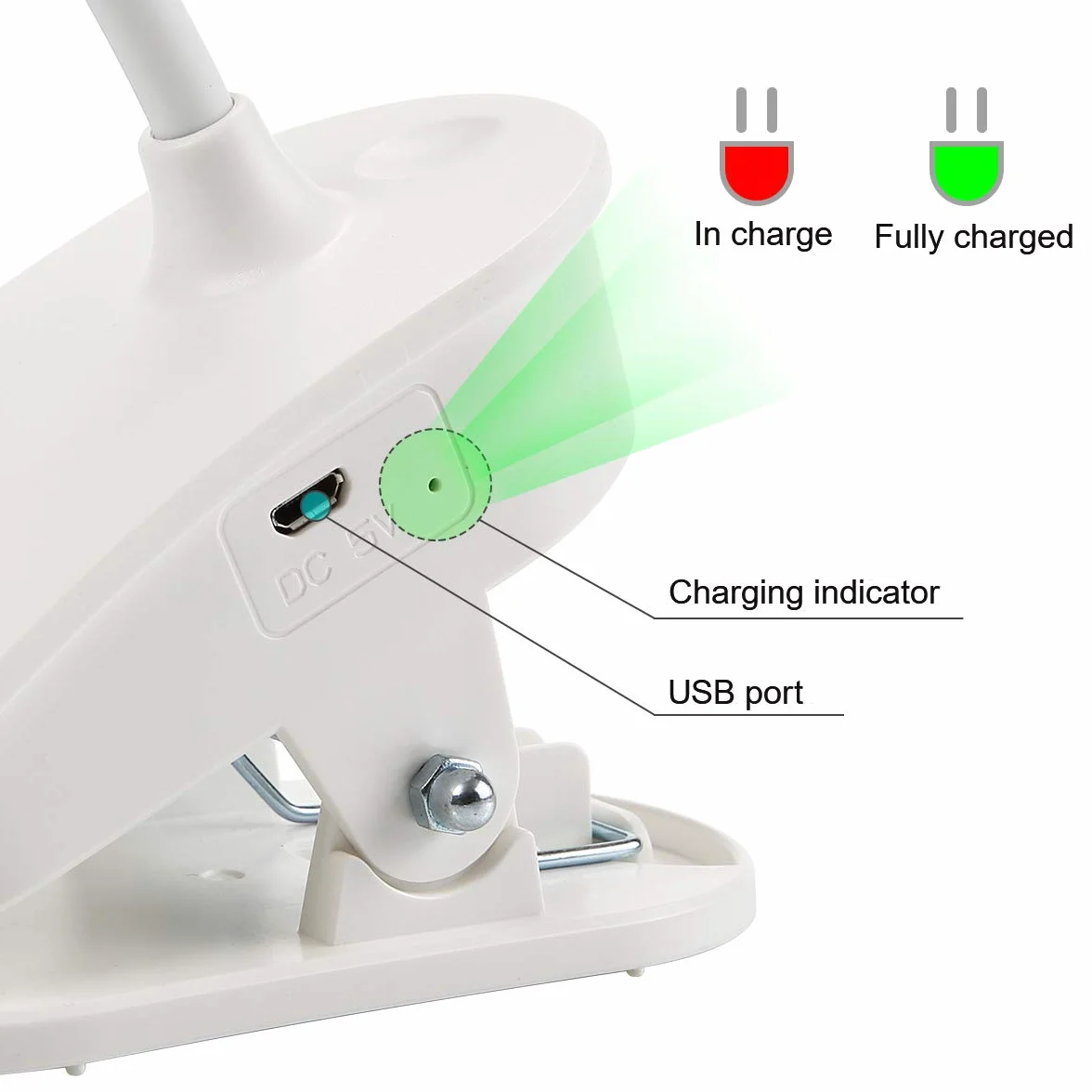 Miady Lampka do czytania na łóżko, lampka zaciskowa z akumulatorem do ponownego ładowania przez USB, 3 poziomy jasności, ochrona oczu, lampa zaciskowa, sterowanie dotykowe, elastyczna łabędzia szyja