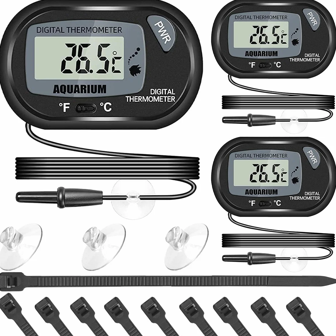 3 sztuki cyfrowy termometr do akwarium LCD z czujnikiem wodoodpornym, przedłużacz, wskaźnik Fahrenheita (℉) i Celsjusza (℃), z przyssawką, opaski kablowe z nylonu do akwariów