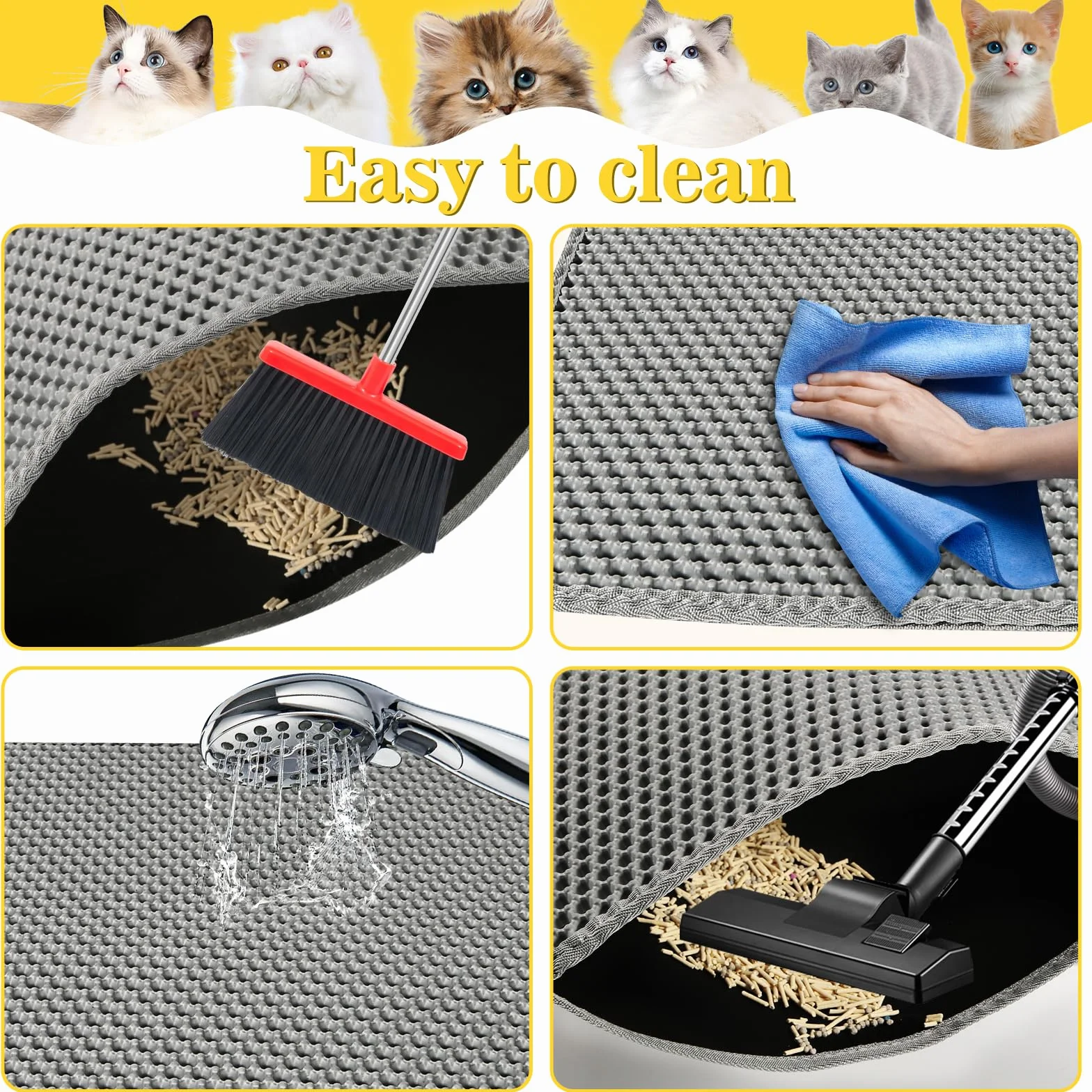 Katzenklo Matte 60x45 CM mit Klettverschluss und Großes Loch Design, Katzenstreu Matte Doppelte Wasserdichte und Rutschfeste, Katzenmatte Katzenklo Ungiftiges Material, Cat Litter Mat Grau