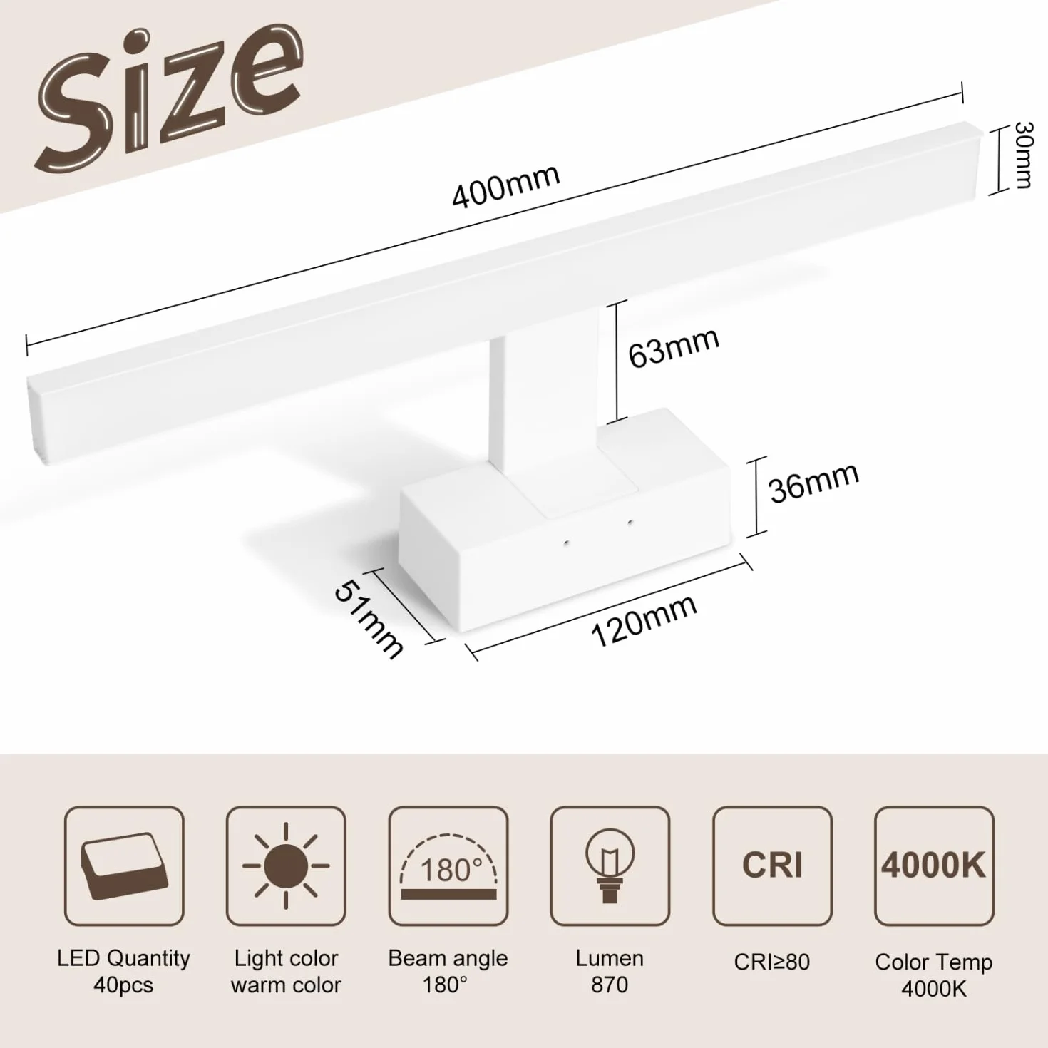 Aigostar Lampa Łazienkowa nad Lustro LED 40cm - Kinkiet Łazienkowy Biała IP44, 3 Sposoby Montażu, 4000K Neutralna Biel, 8W 560lm, 230V