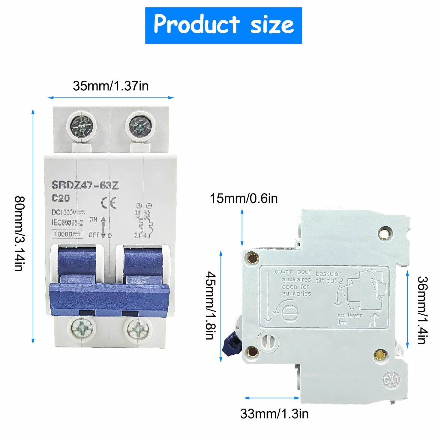 Wyłącznik nadprądowy DC, mini, 2P 1000 V wyłącznik nadprądowy 20 A, DZ47-63Z PV wyłącznik DC, wyłącznik automatyczny, bezpiecznik