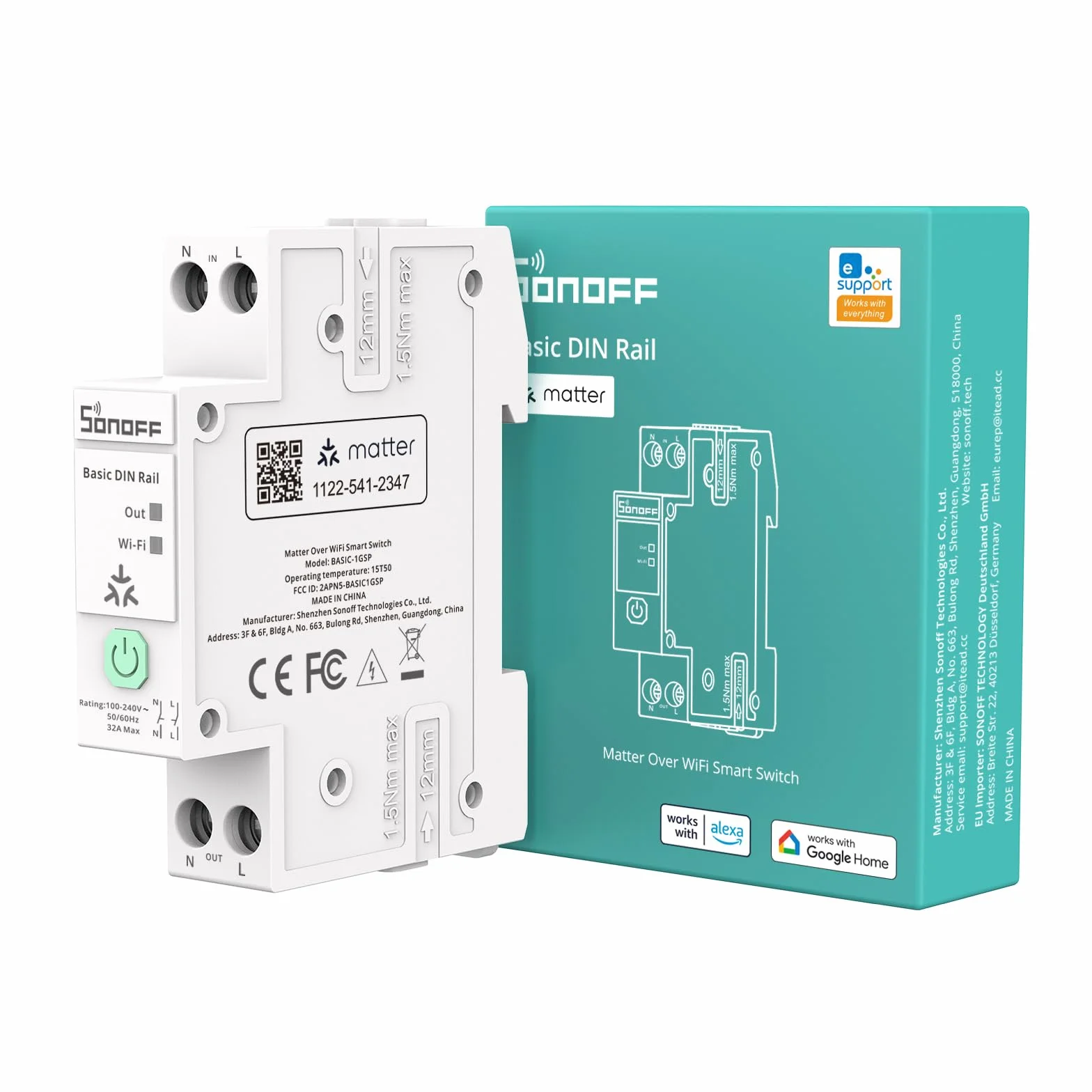 SONOFF Basic DIN Rail (BASIC-1GSP) Inteligentny Przełącznik WiFi Szyna DIN, Sterowanie Smart Home Matter, 32A do Rozdzielni, Kompatybilny z Alexa Google Home Home Assistant