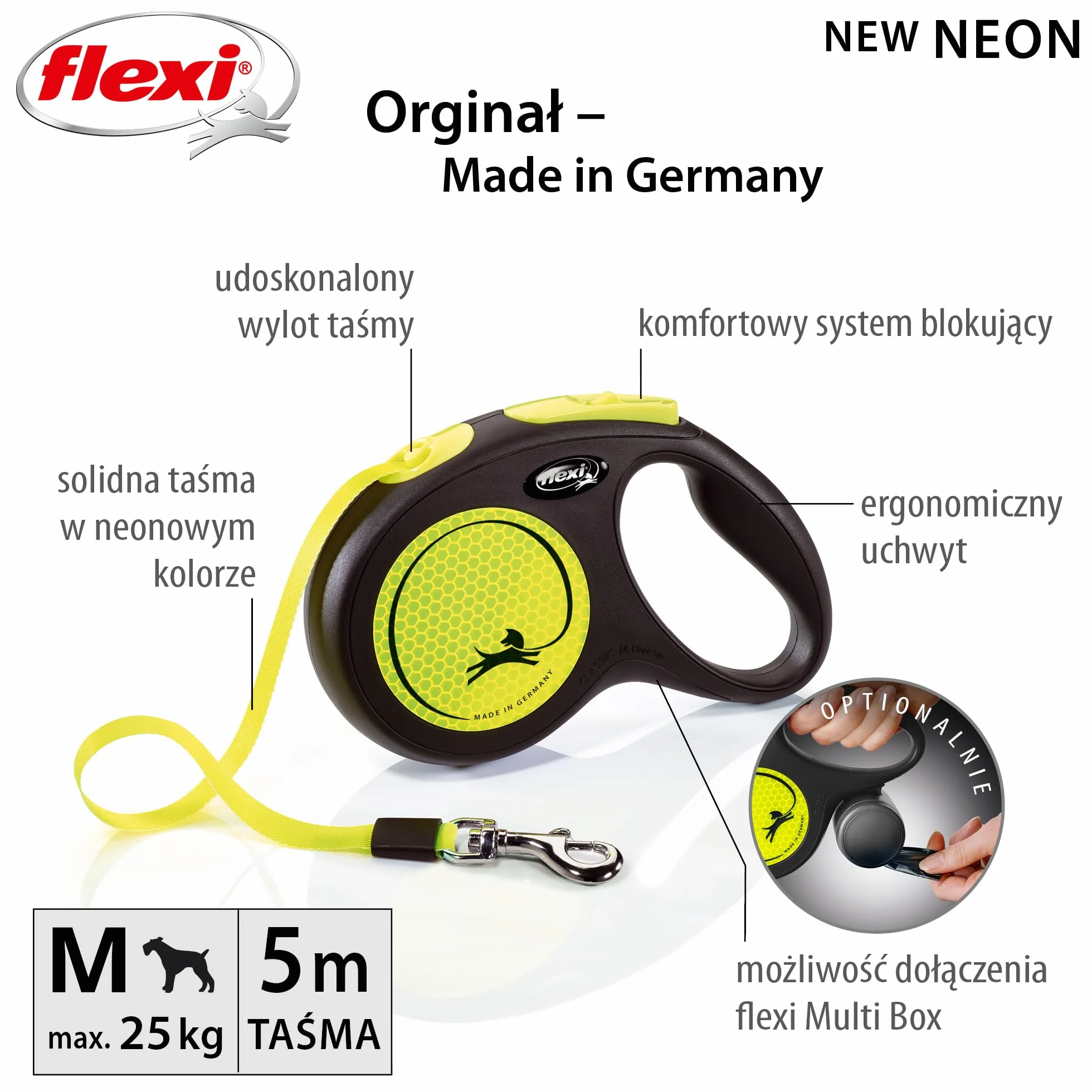 flexi New Neon M pas 5 m czarny dla psów do 25 kg