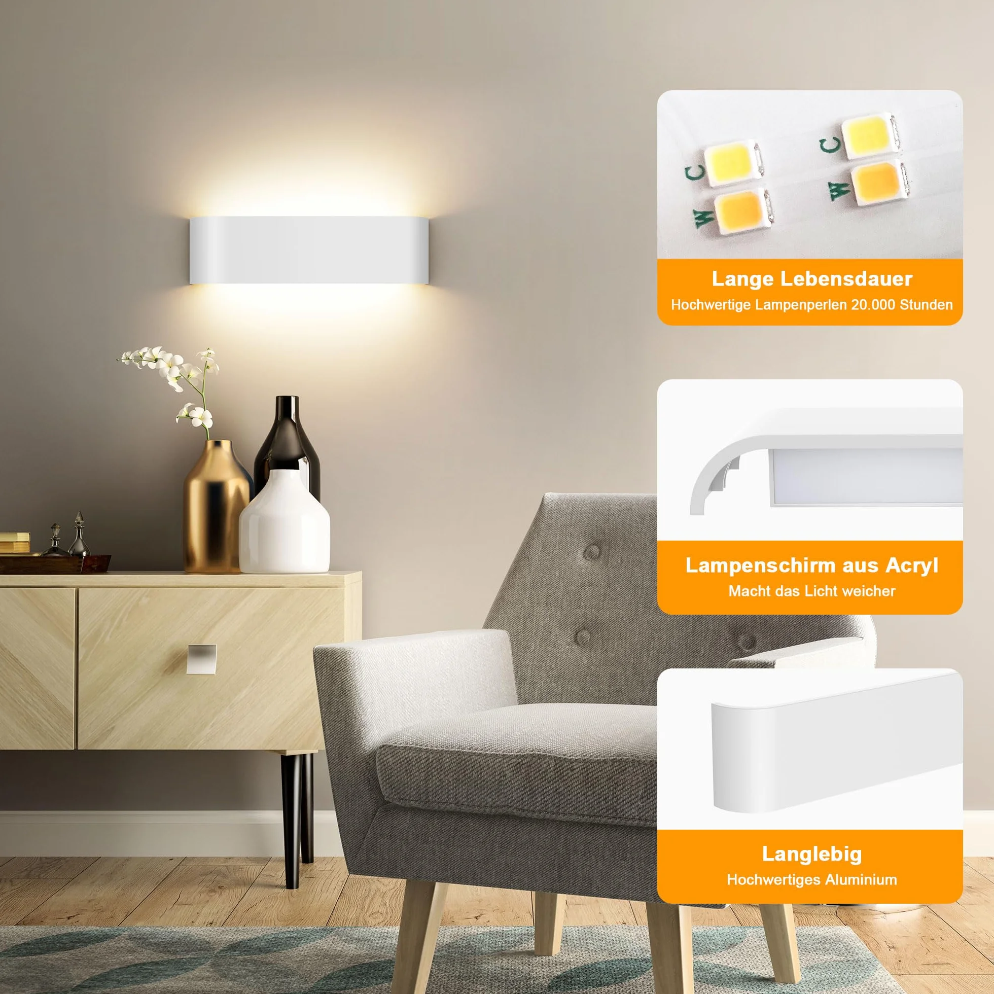 OOWOLF Lampy ścienne LED do wnętrz – 2 sztuki z regulowaną temperaturą barwową 3000K/4500K/6000K, oświetlenie ścienne do sypialni, salonu, kuchni, jadalni