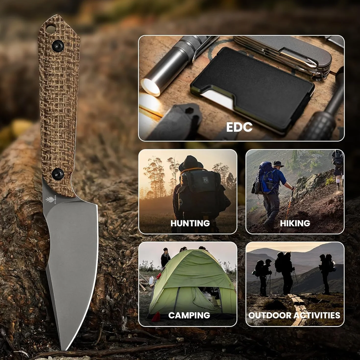 Kizer Mini Harpoon nóż, pochwa, myśliwski nóż z ostrzem 3 V i uchwytem Micarta, mały EDC ze stałym ostrzem, na kemping, wędrówki, survival 1040SM1