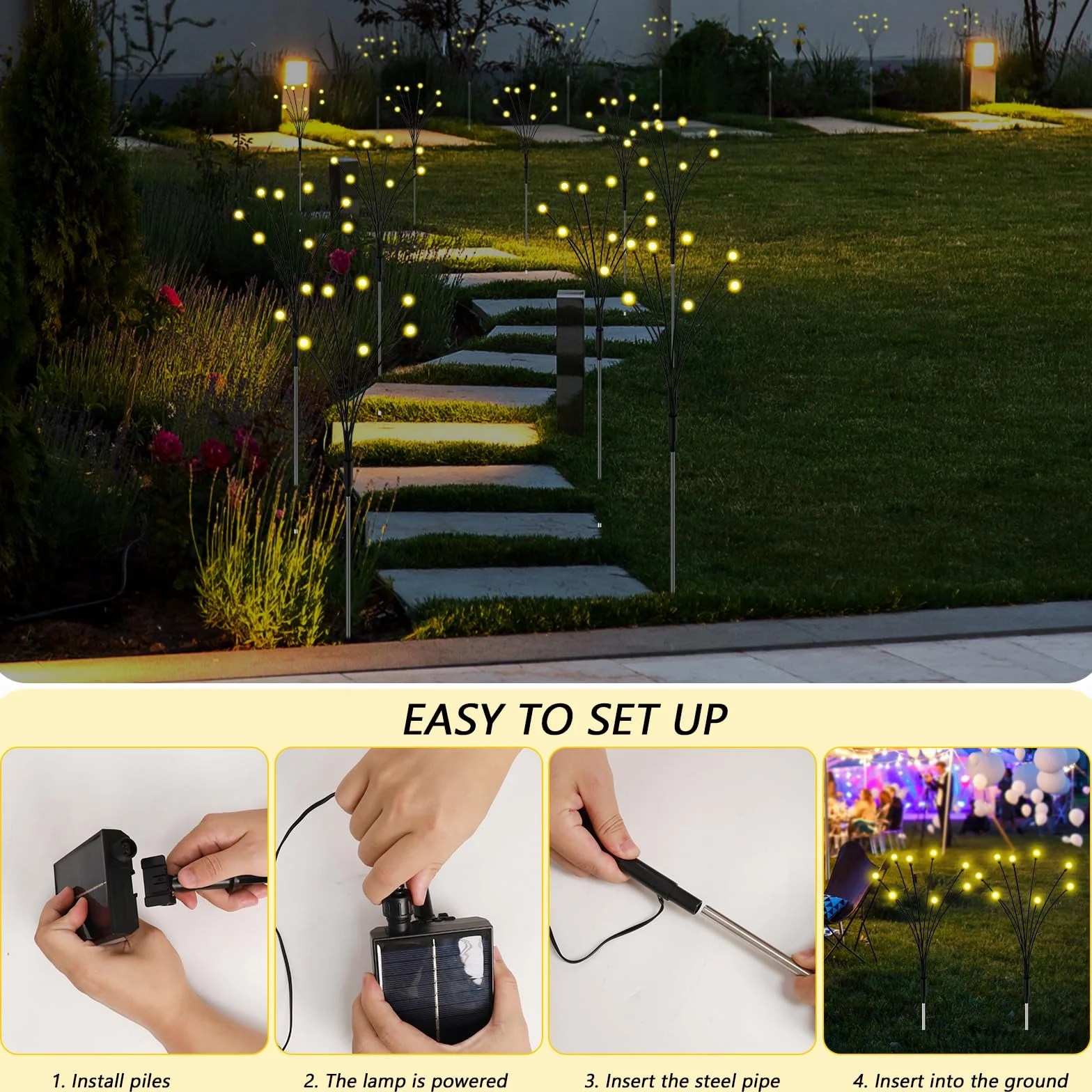 AONESY Lampy solarne do użytku na zewnątrz, do ogrodu, 4 sztuki, 32 diody LED, wodoszczelne, do ogrodu, na taras, podwórko, drzewa, imprezę, festiwal, wesele (ciepła biel)