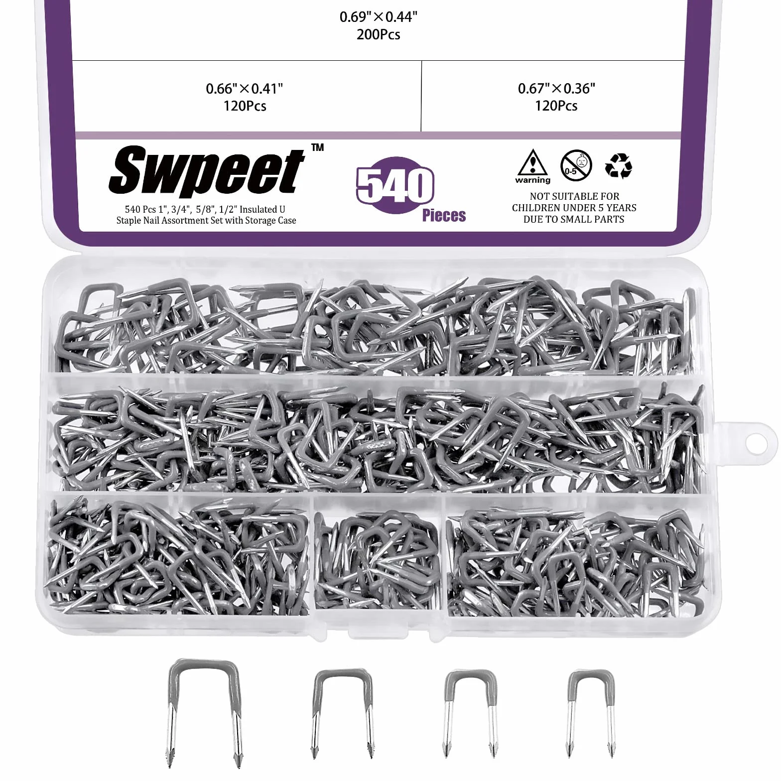 Swpeet 540 szt. 5 rozmiarów 0,9 cm 1,1 cm 1,4 cm izolowany zestaw do zszywek w kształcie litery U, różne rozmiary metalowe zszywki kablowe idealne do mocowania drewna, kabli