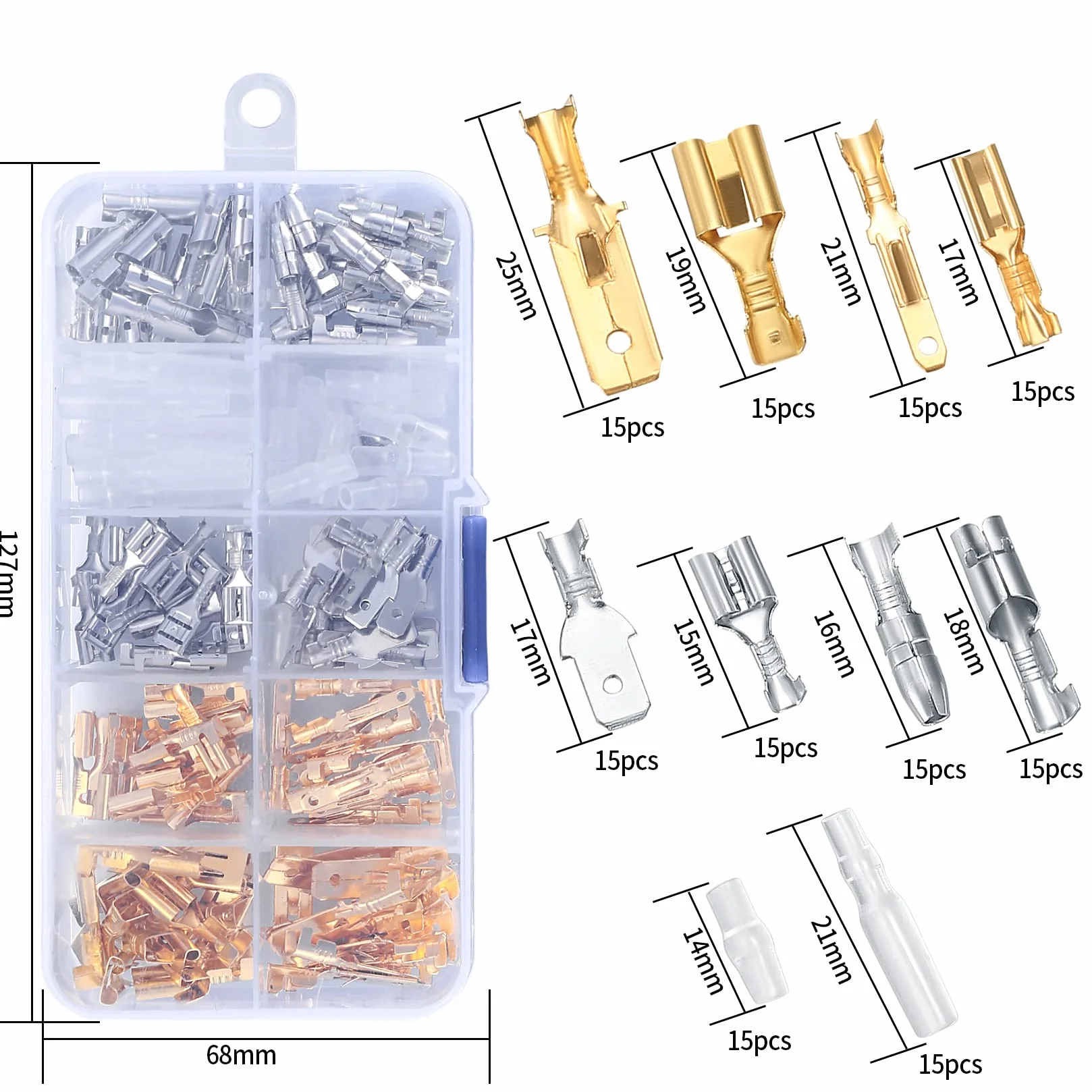 Vwoqiy 150 szt. męskich żeńskich złączy widełkowych, 2,8 mm, 3,2 mm, 4,8 mm, 6,3 mm, bloki zaciskowe drutu, złącza widełkowe z tuleją izolacyjną (dwukolorowe 150)