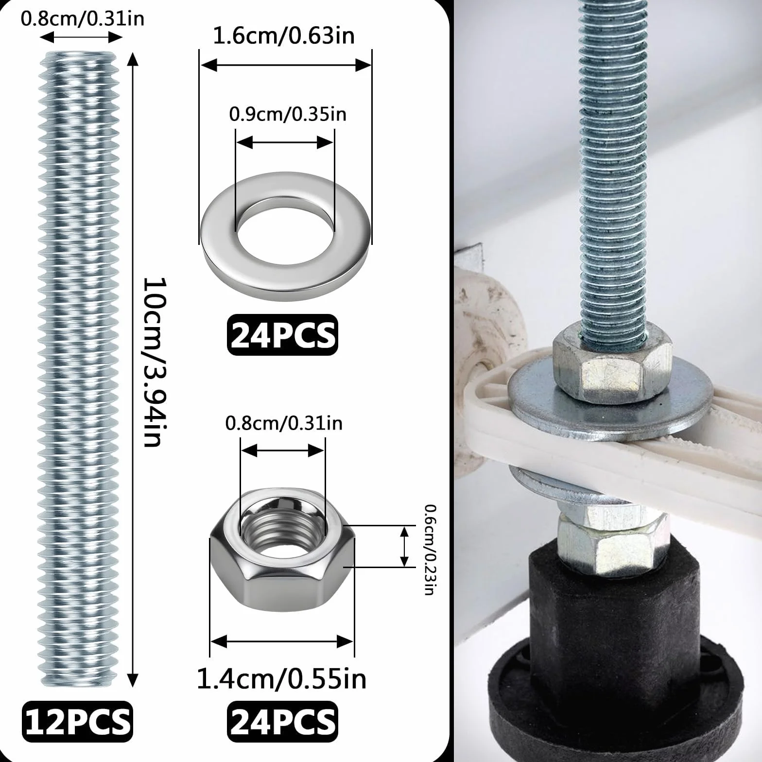 12 sztuk prętów gwintowanych M8, pręty gwintowane M8 x 100 mm, pręt gwintowany, stal ocynkowana, pręty gwintowane z 24 nakrętkami sześciokątnymi i 24 podkładkami