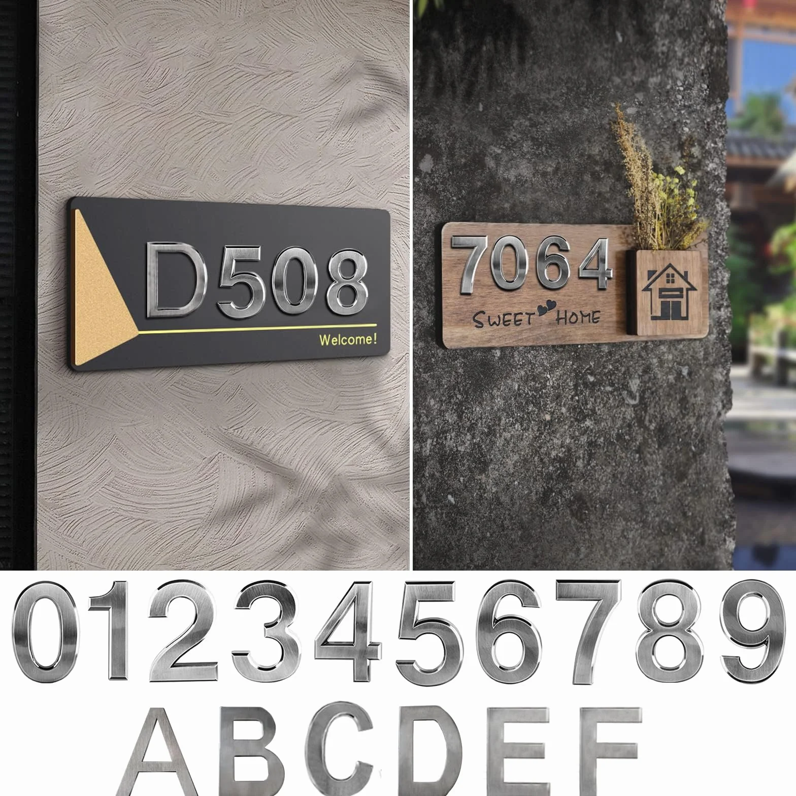 Samoprzylepny numer domu ze stali nierdzewnej, do przyklejenia, wysokość 12 cm, numer ulicy, samoprzylepne, metalowe numery drzwi (2)