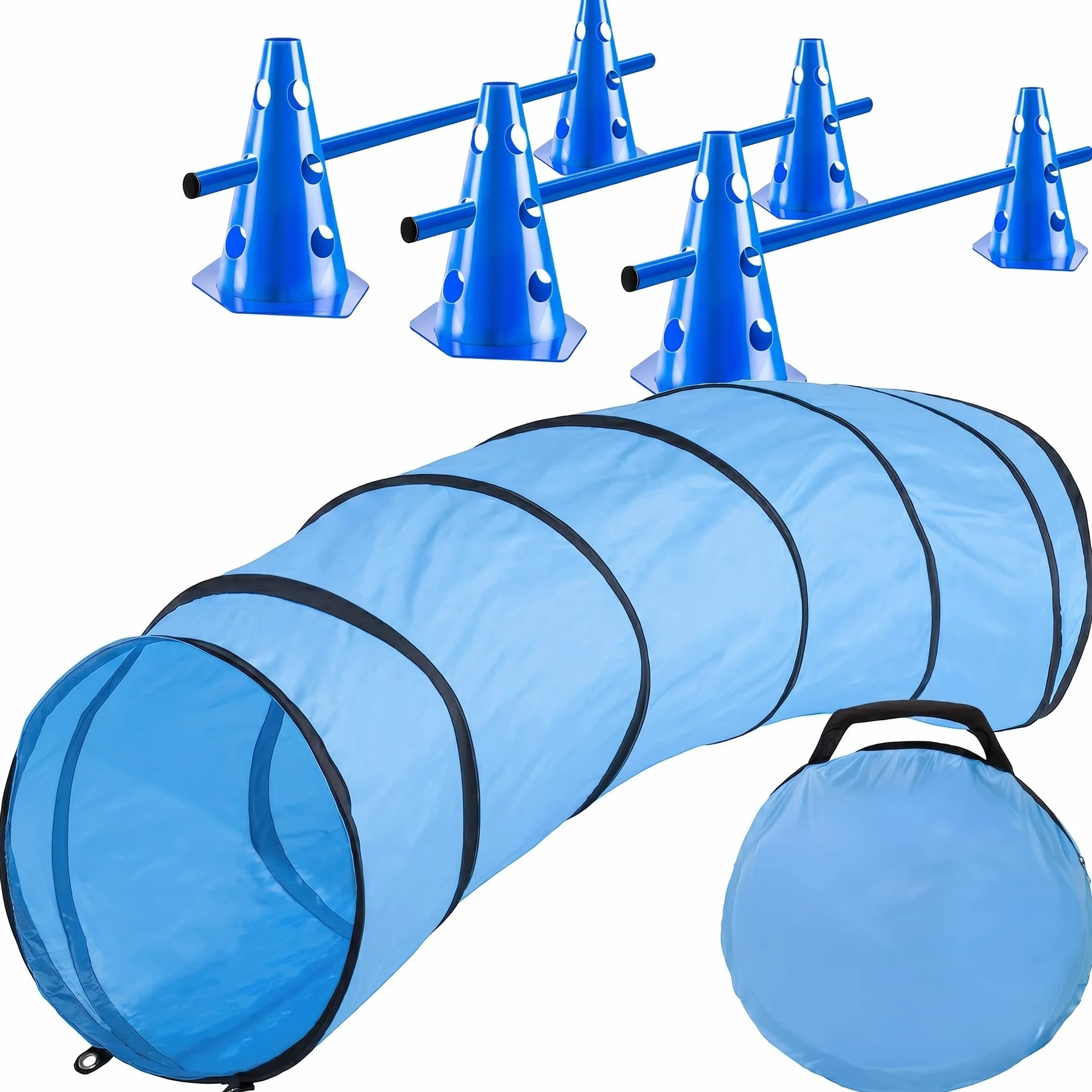 Tunel agility dla psa - tunel do zabawy z psem; zestaw akcesoriów agility z kołkami, torbą transportową, zabawką do rzucania frisbee i płotkami z pachołkami (Set: 200 cm + Akcesoria)