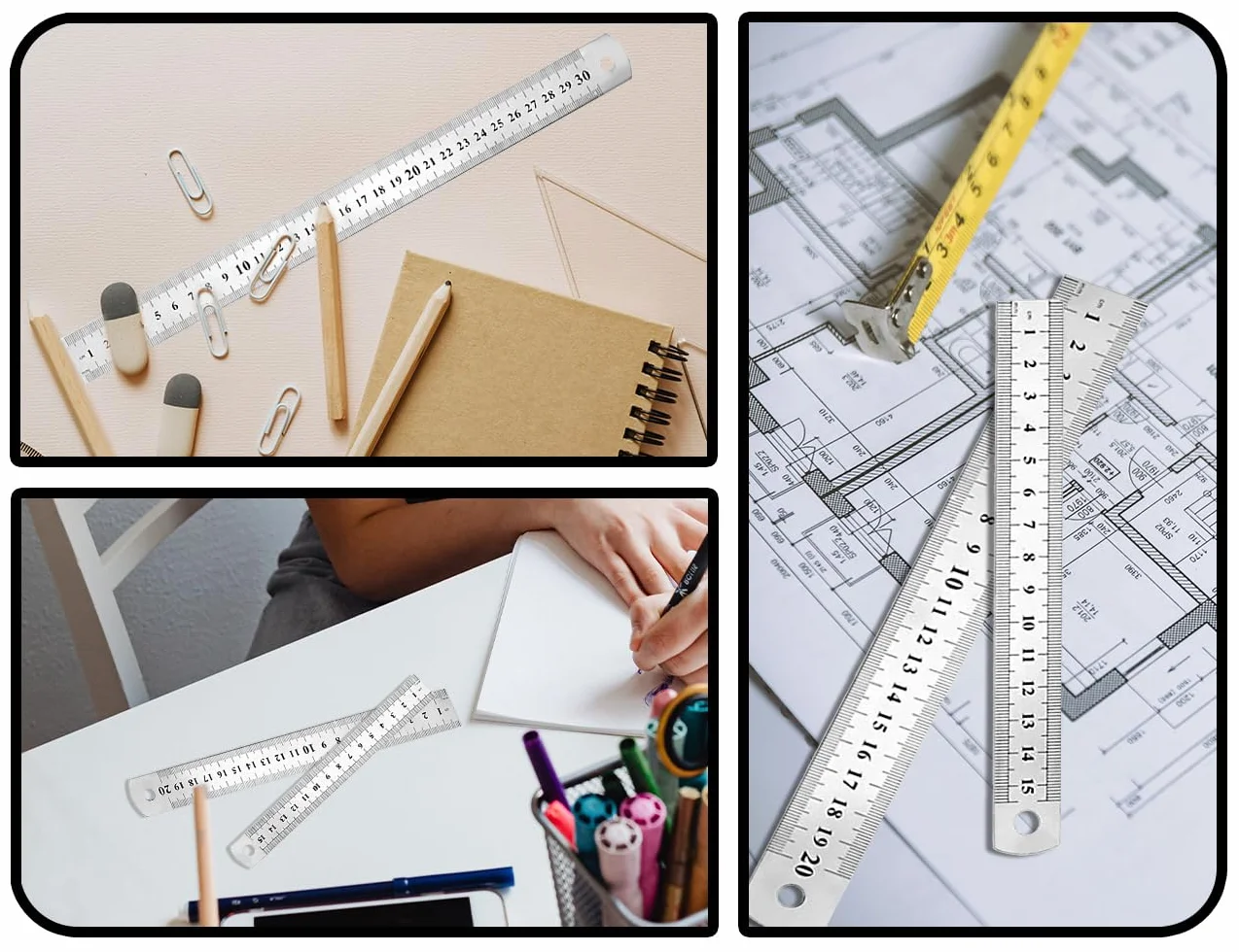 ZoeTekway Zestaw 3 linijek ze stali nierdzewnej 15 cm 20 cm 30 cm metryczny imperialny