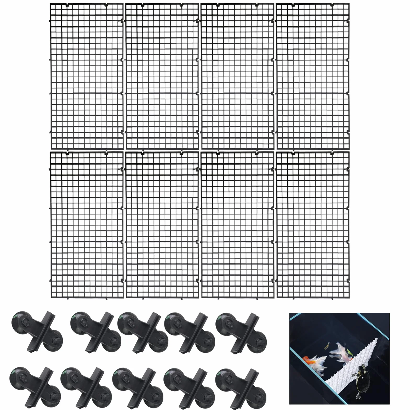 8 przegródek do akwarium, plastikowa siatka filtrująca do akwarium, ścianka działowa do akwarium, płytka filtracyjna, taca z 10 klipsami przyssawkowymi (30 x 15 cm)