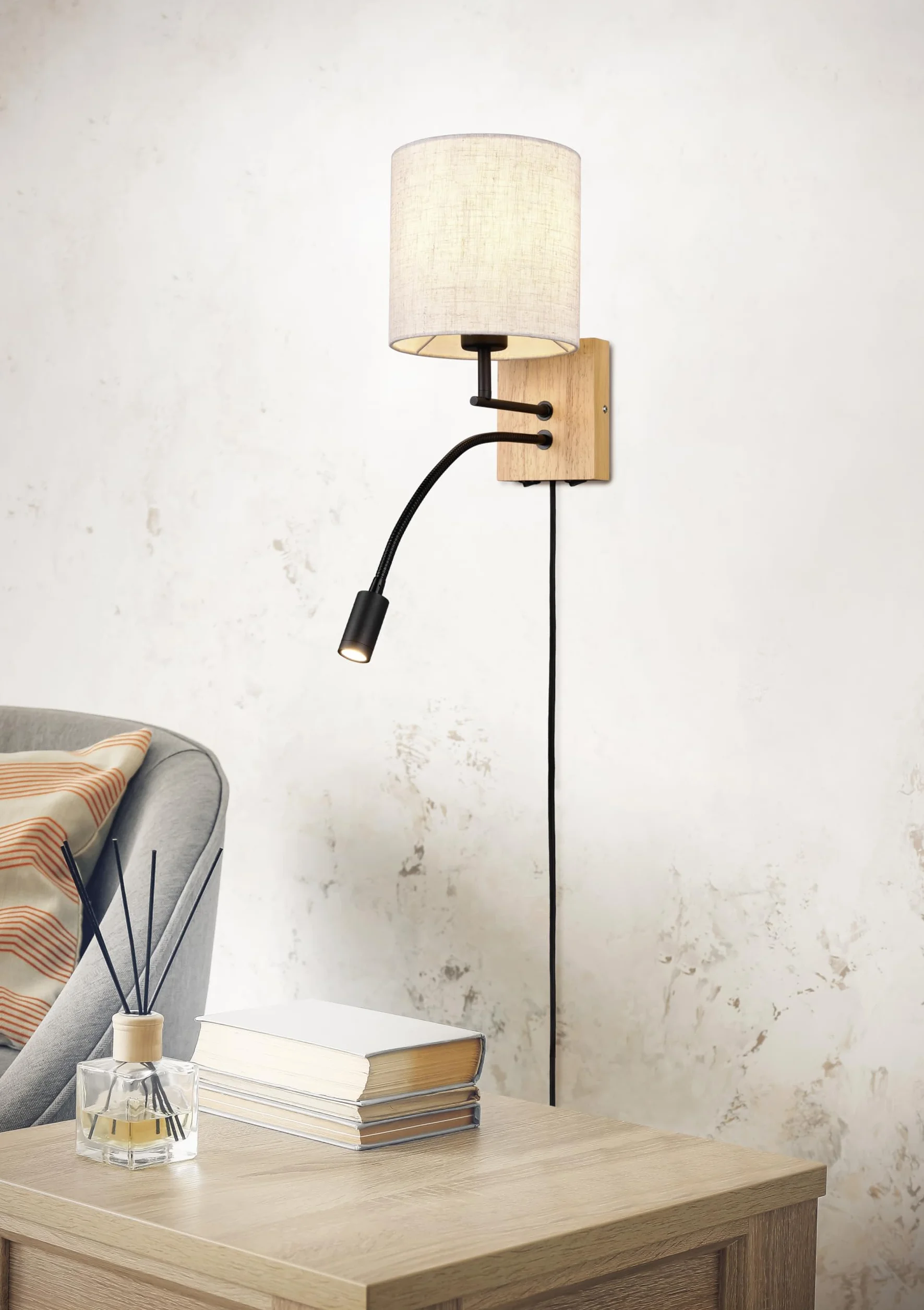 Trio Leuchten Kinkiet NILAM 212879236, naturalne drewno, abażur, bez 1x E27, ramię z diodą LED 3,1 W, Flex Connect